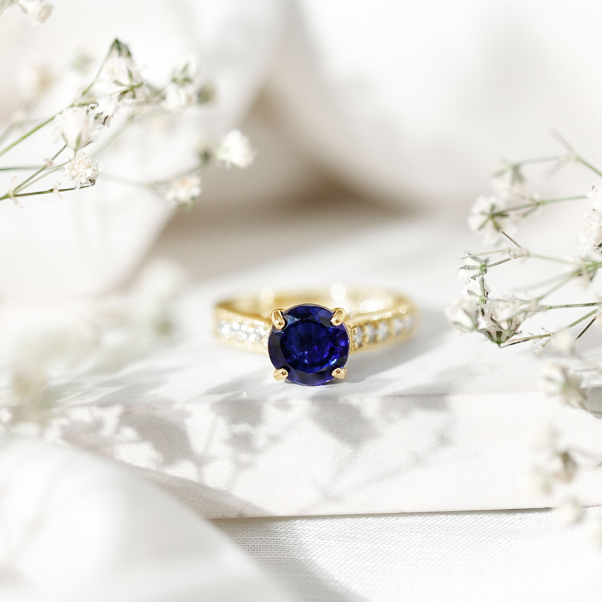 Certified 2.7 Carat Lab Grown Blue Sapphire Solitaire Engagement Ring with Diamond AAAA - Rosec Jewels