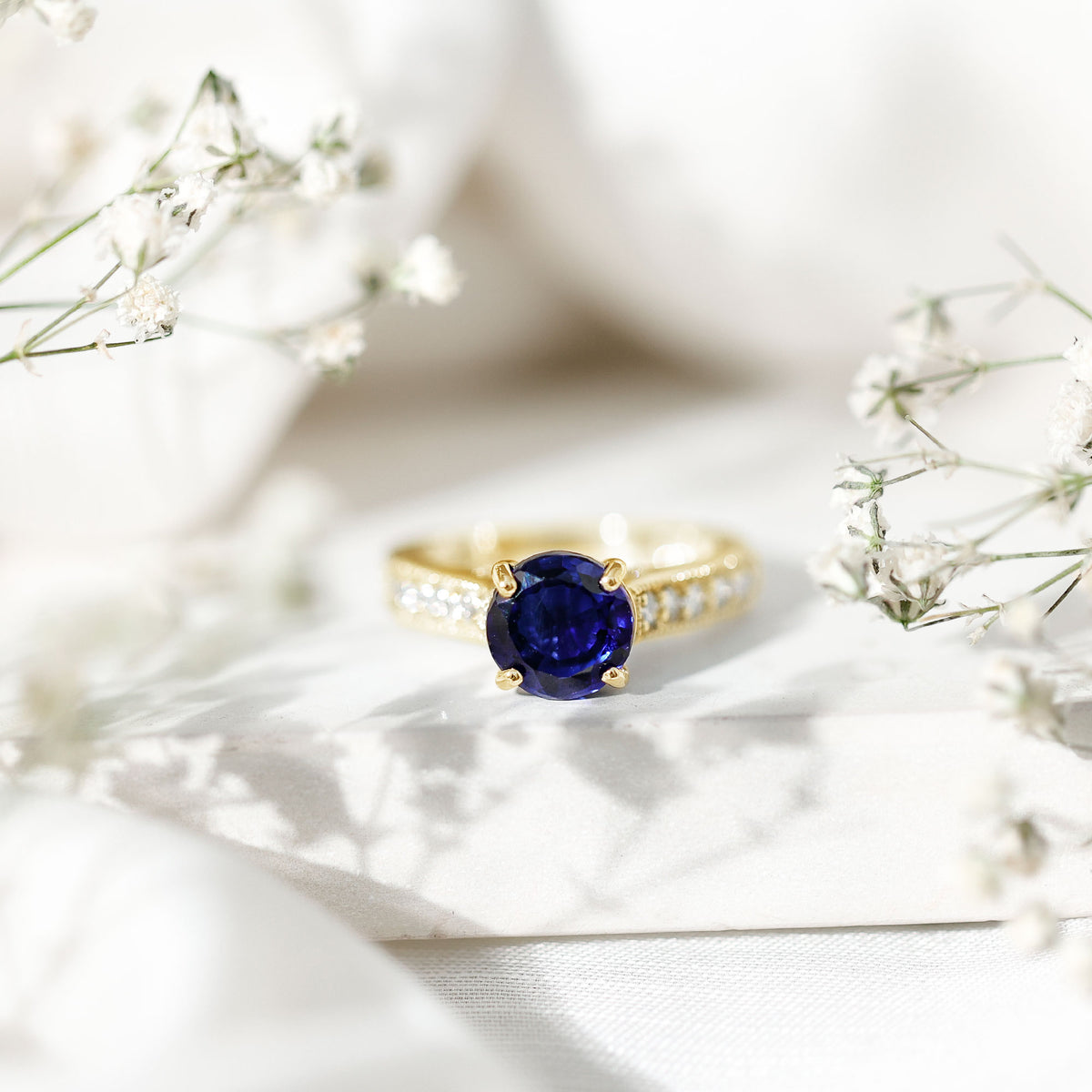 Certified 2.7 Carat Lab Grown Blue Sapphire Solitaire Engagement Ring with Diamond AAAA - Rosec Jewels
