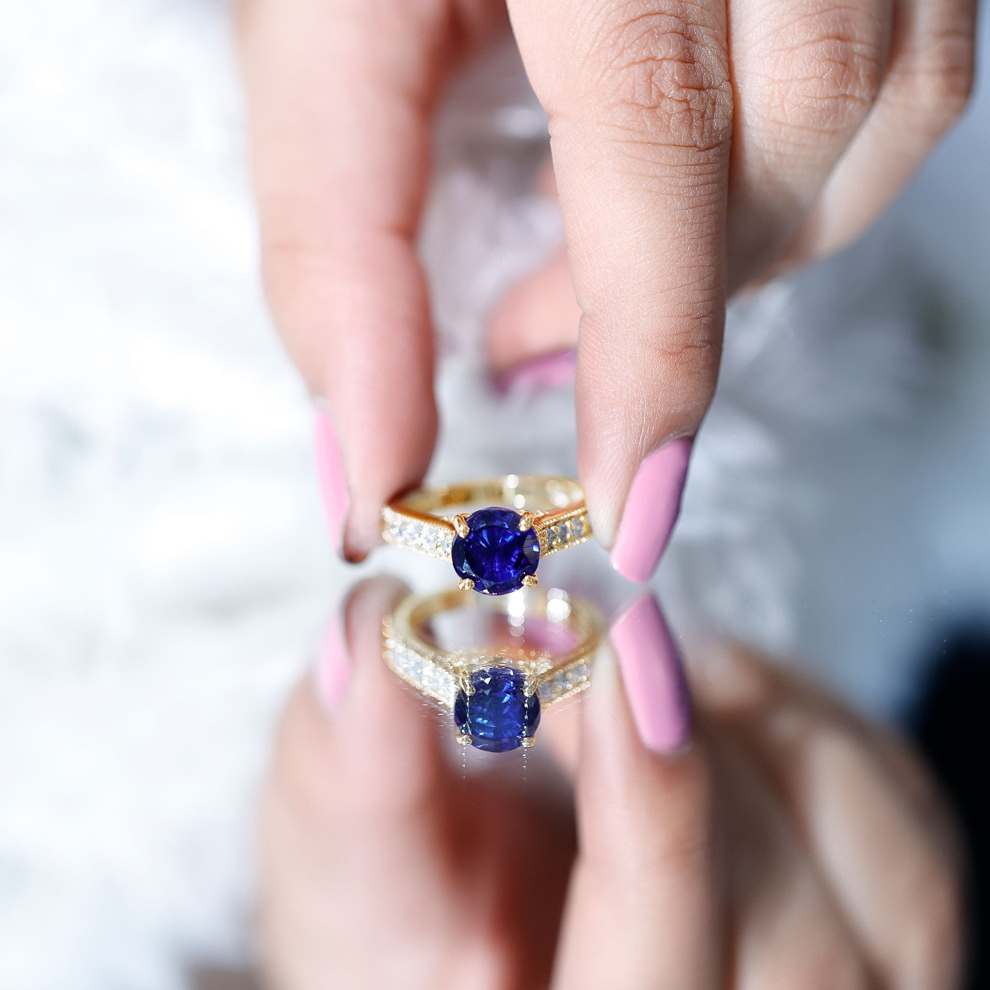 Certified 2.7 Carat Lab Grown Blue Sapphire Solitaire Engagement Ring with Diamond AAAA - Rosec Jewels