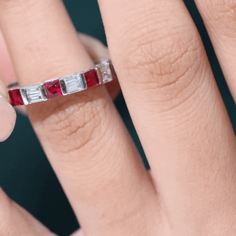 Princess Cut Lab Created Ruby And Moissanite Full Eternity Ring AAAA - Rosec Jewels