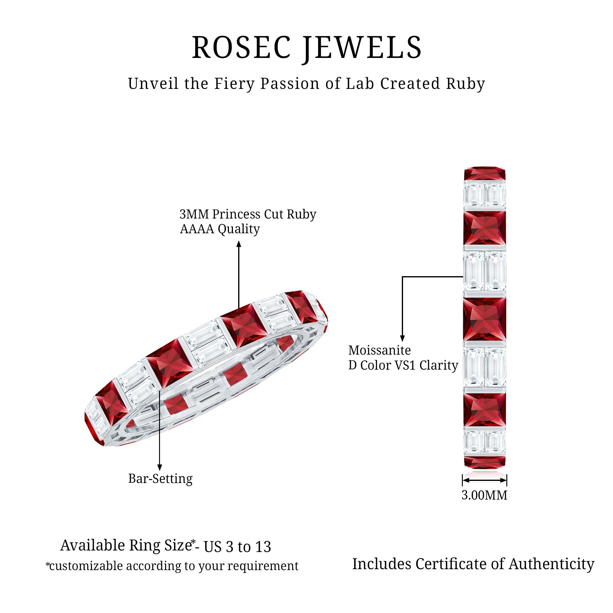 Princess Cut Lab Created Ruby And Moissanite Full Eternity Ring AAAA - Rosec Jewels