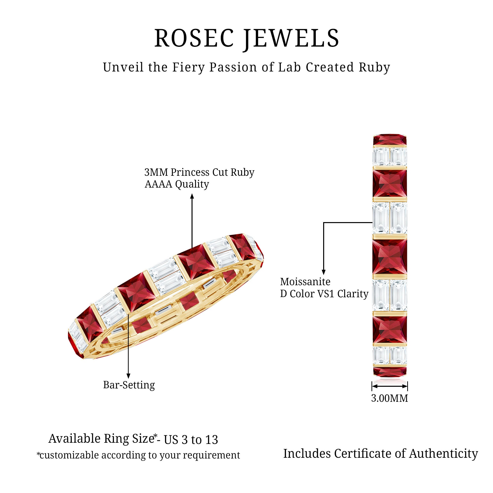 Princess Cut Lab Created Ruby And Moissanite Full Eternity Ring AAAA - Rosec Jewels