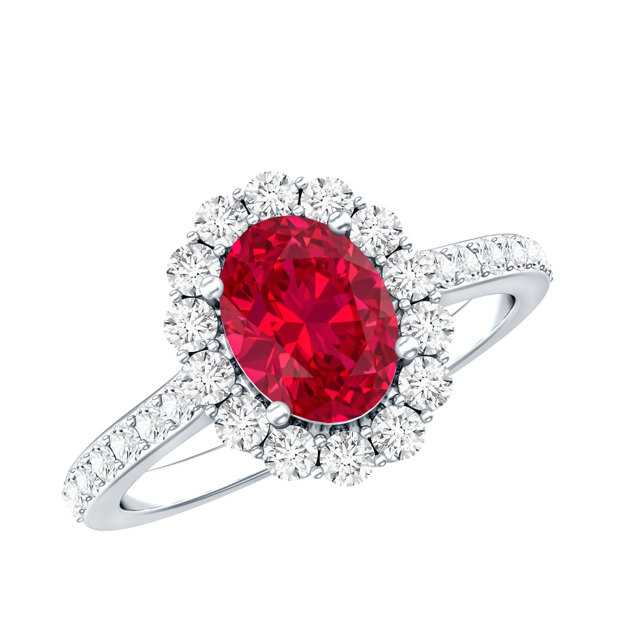 1.5 Carat Oval Cut Created Ruby Engagement Ring with Moissanite Halo AAAA - Rosec Jewels