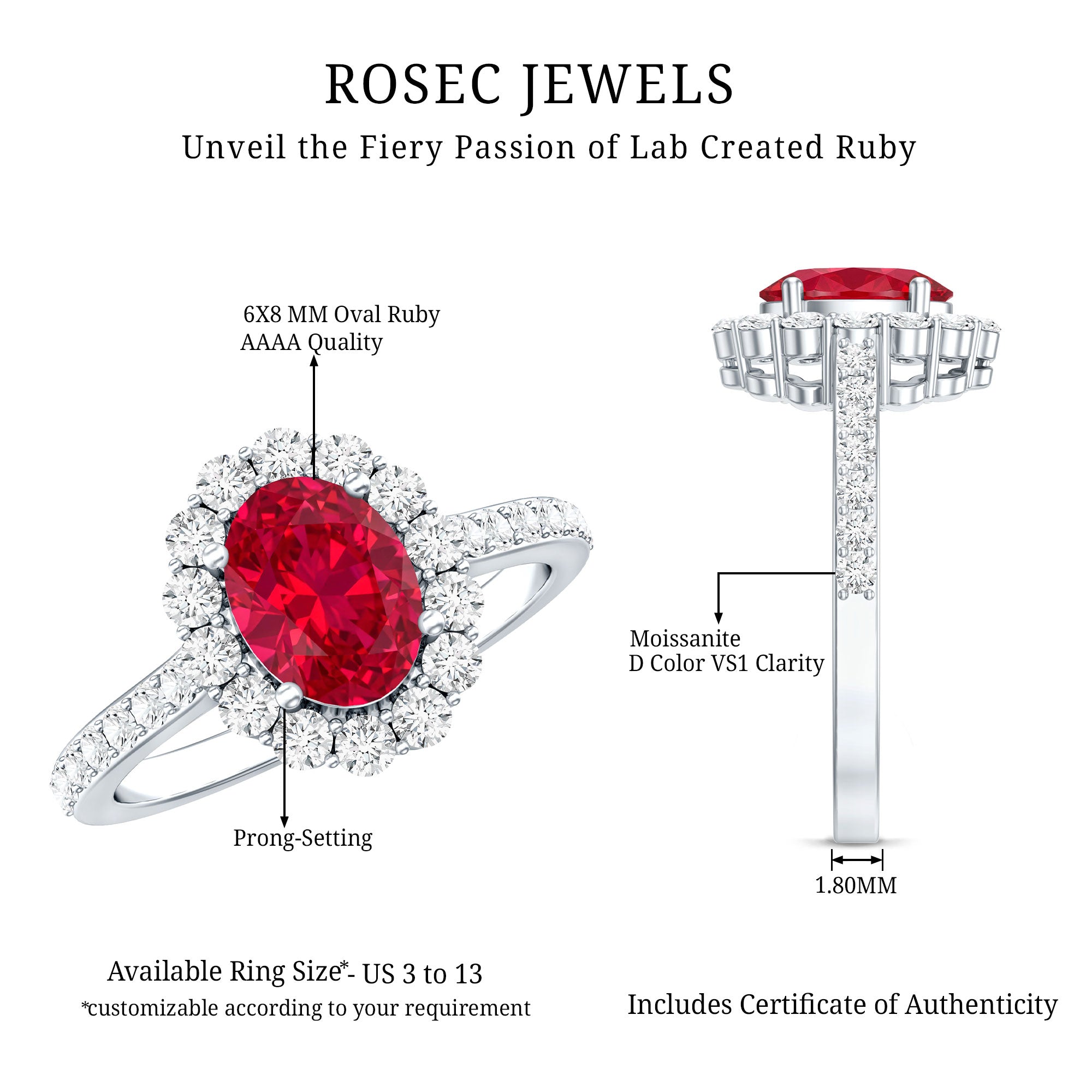 1.5 Carat Oval Cut Created Ruby Engagement Ring with Moissanite Halo AAAA - Rosec Jewels