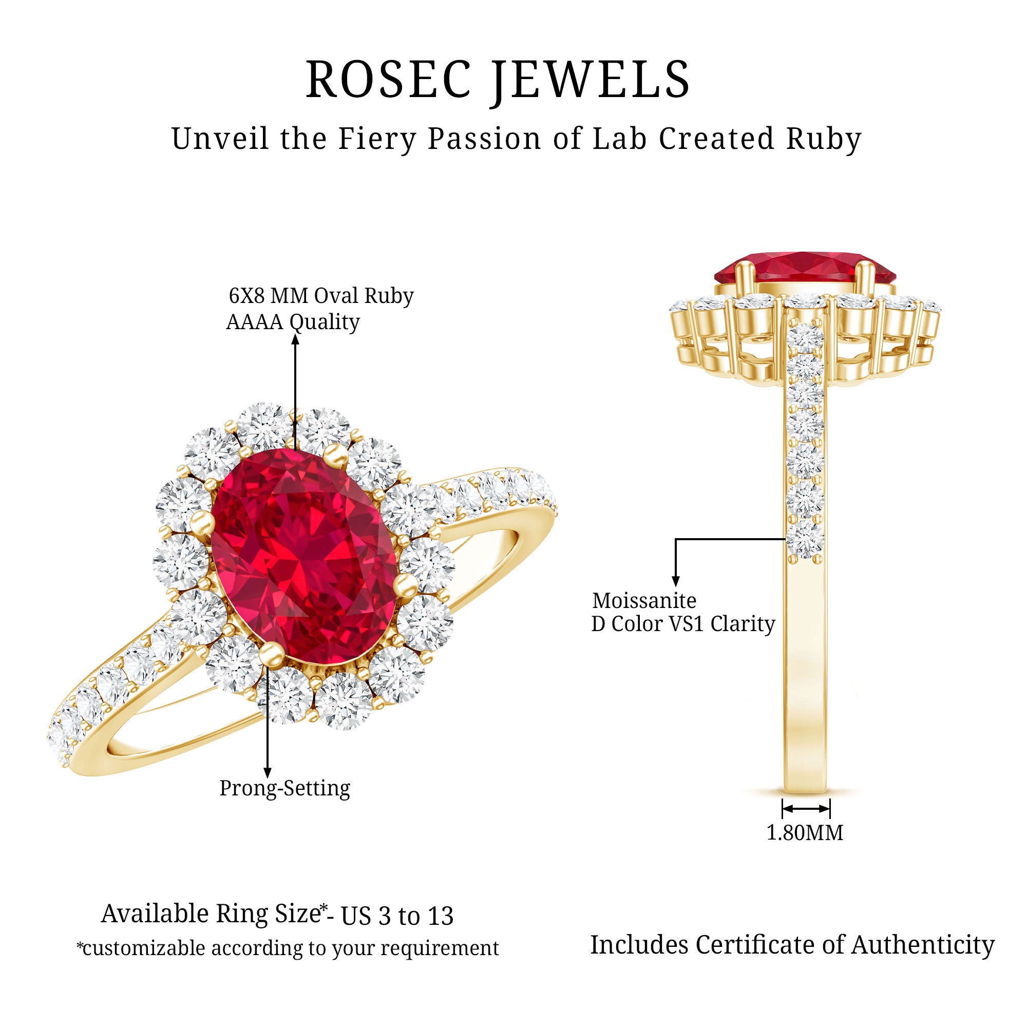 1.5 Carat Oval Cut Created Ruby Engagement Ring with Moissanite Halo AAAA - Rosec Jewels