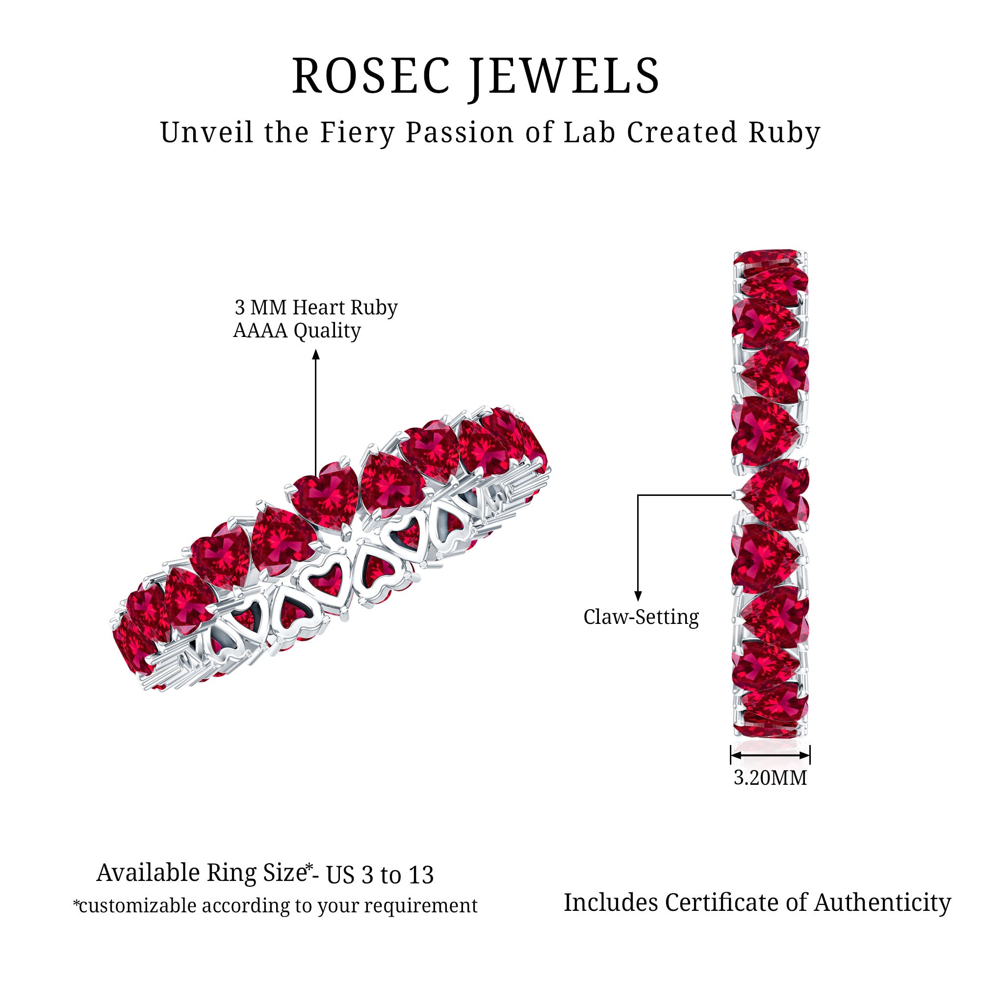 3 Carat Lab Created Ruby Heart Eternity Band Ring AAAA - Rosec Jewels