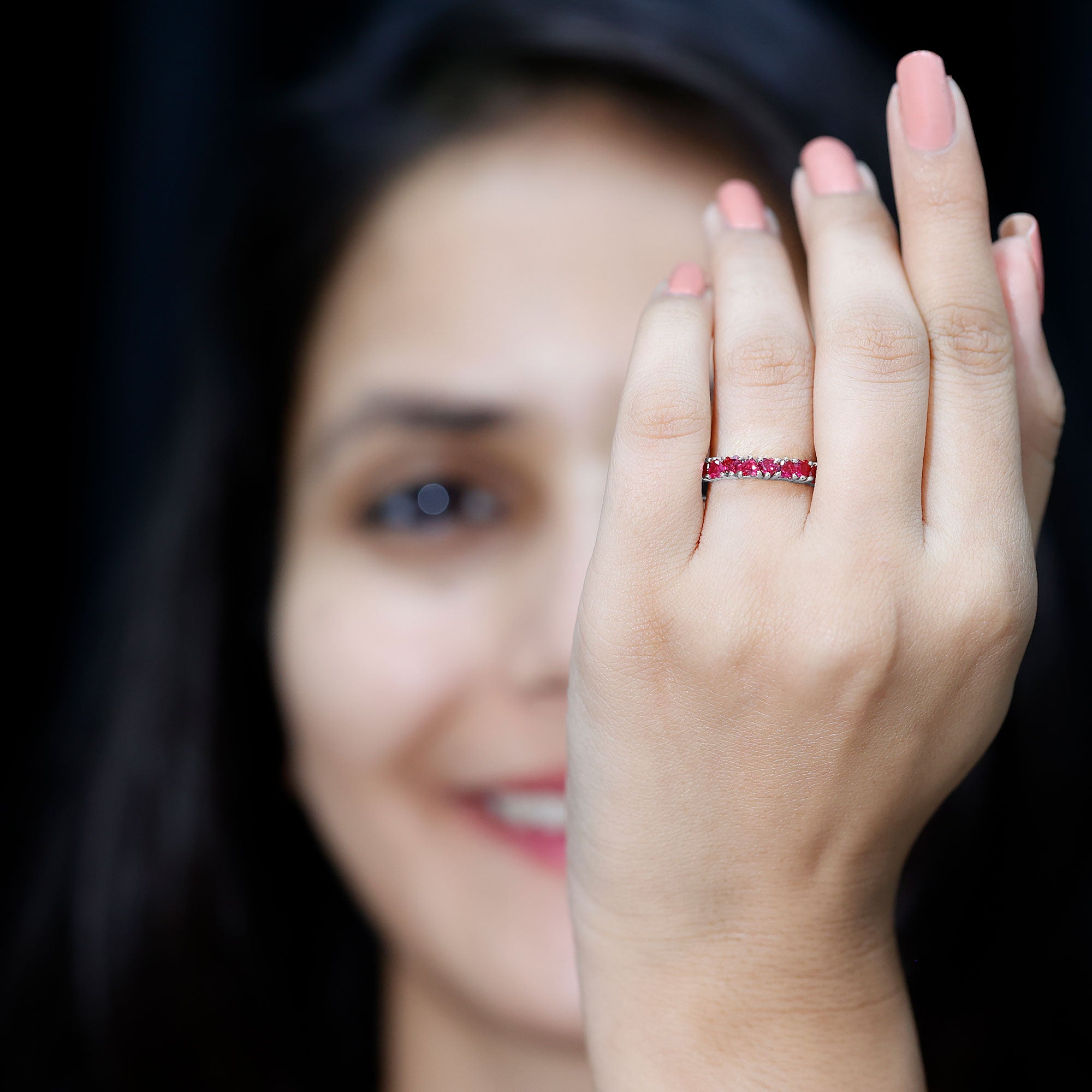 3 Carat Lab Created Ruby Heart Eternity Band Ring AAAA - Rosec Jewels