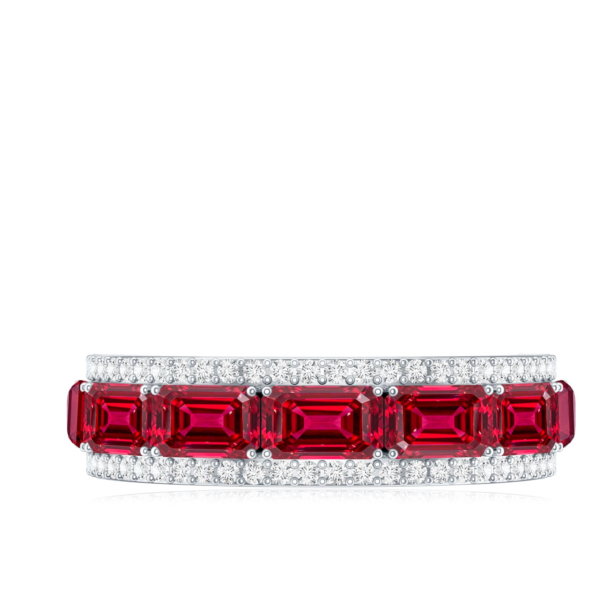 Emerald Cut Created Ruby and Diamond Half Eternity Band AAAA - Rosec Jewels