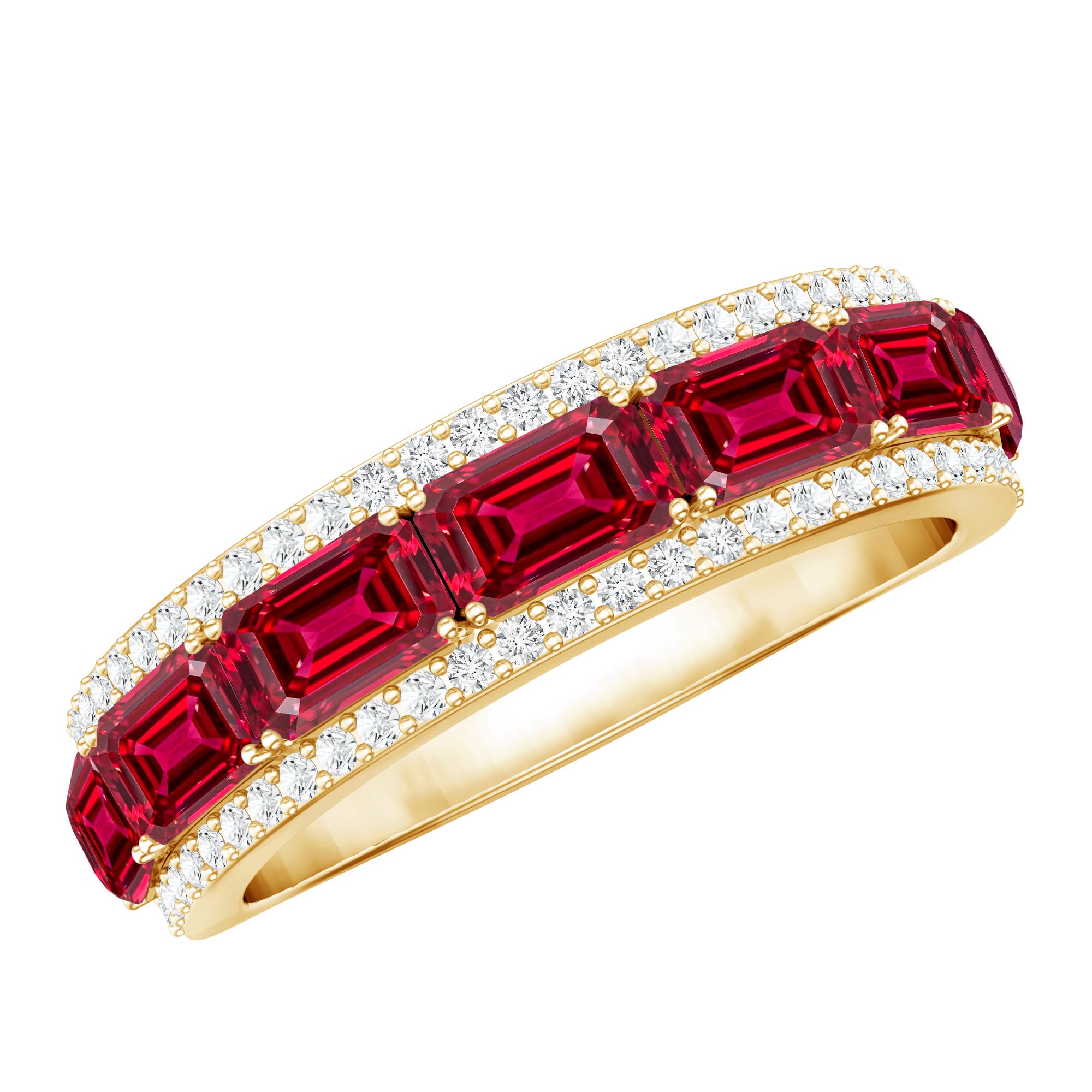 Emerald Cut Created Ruby and Diamond Half Eternity Band AAAA - Rosec Jewels