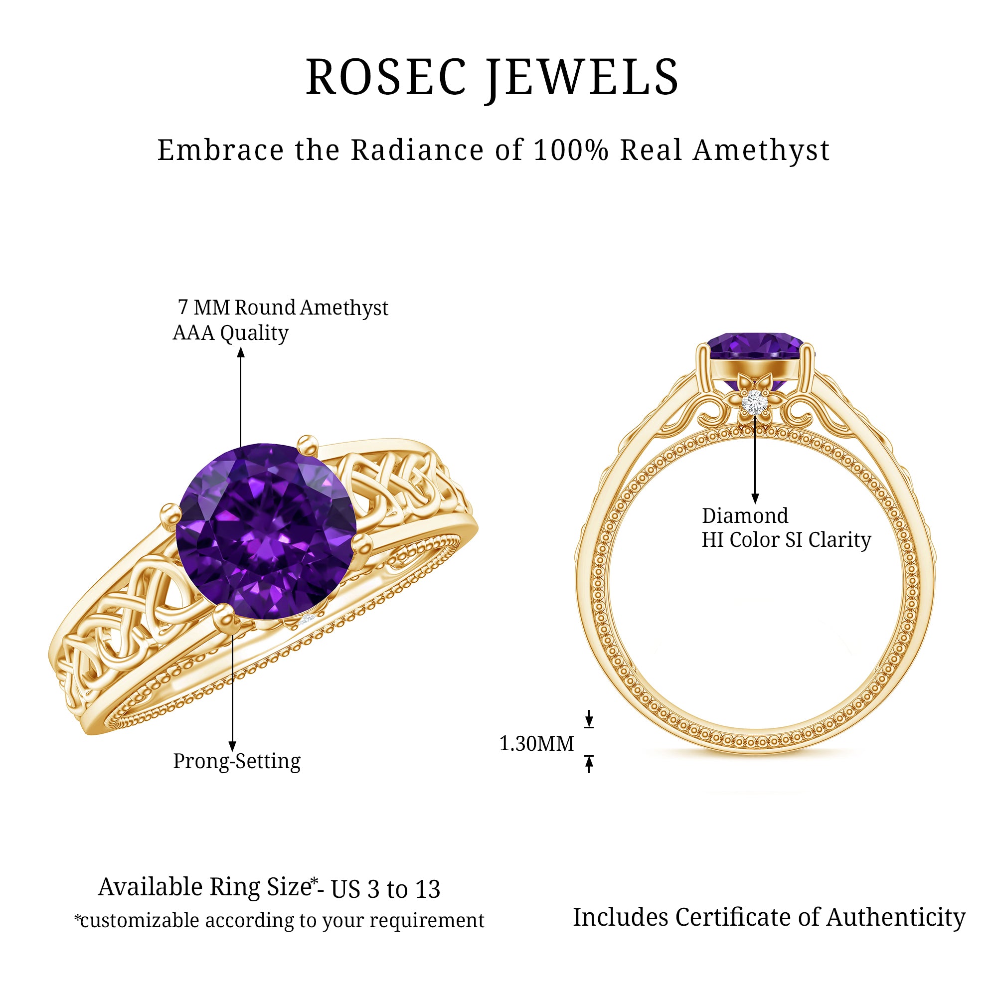Vintage Looking 1.2 Carat Amethyst Celtic Engagement Ring with Surprise Diamond AAA - Rosec Jewels