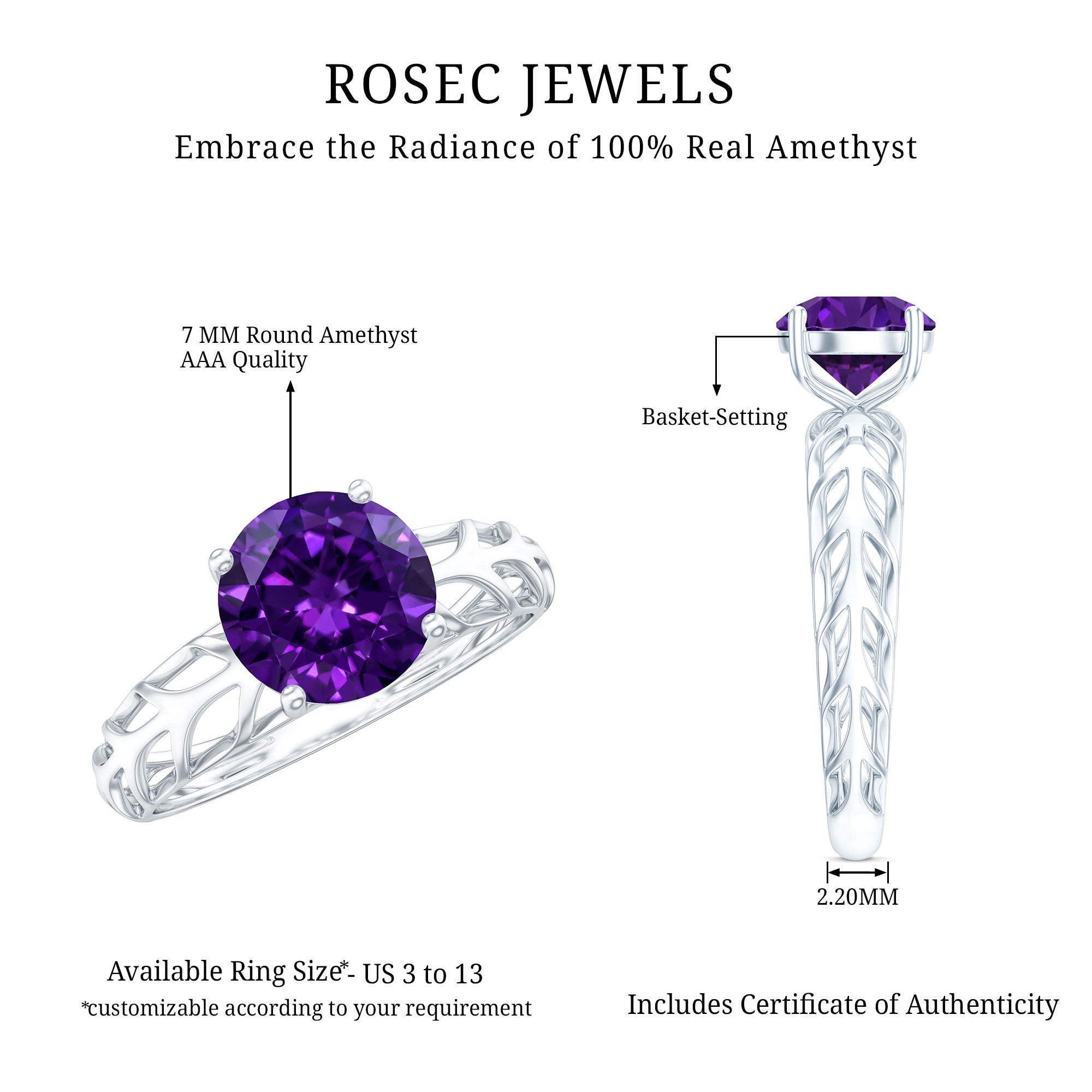 1.2 Carat Round Amethyst Solitaire Engagement Ring with Filigree Details AAA - Rosec Jewels