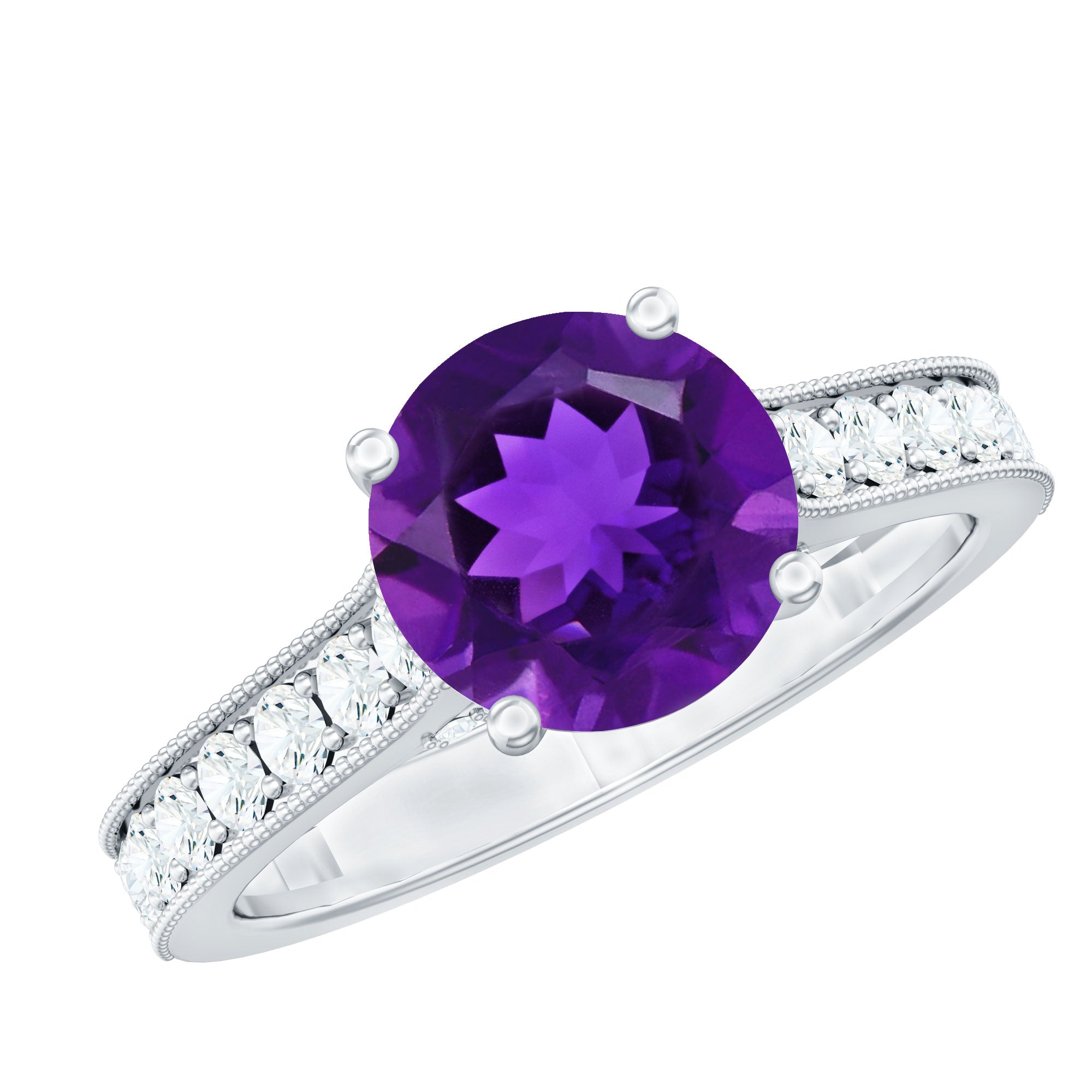 Bague de fiançailles solitaire en améthyste ronde de 2,25 ct avec accents de moissanite