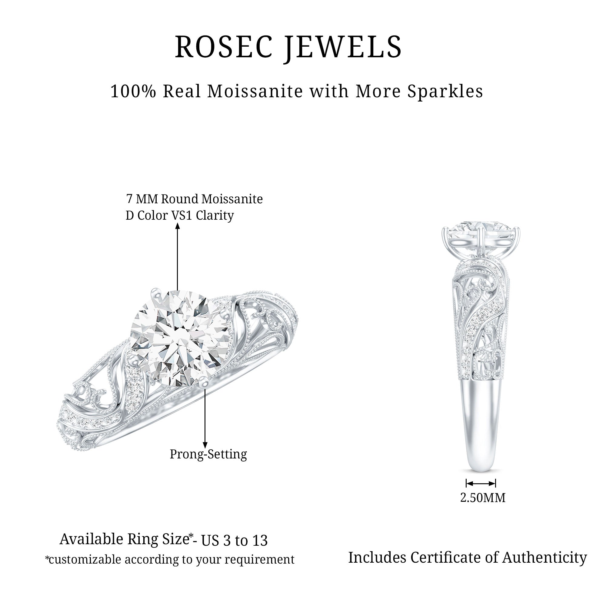 Rosec Jewels-Round Cut Moissanite Vintage Engagement Ring With Diagonal Prongs