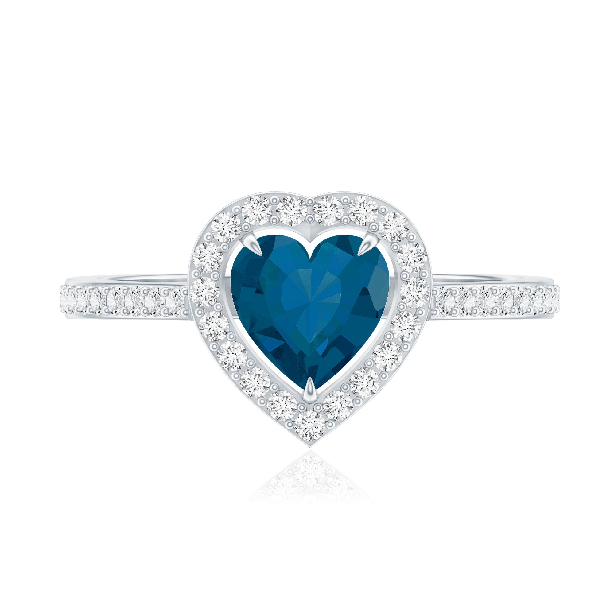 Heart Shaped London Blue Topaz Engagement Ring with Diamond Halo AAA - Rosec Jewels