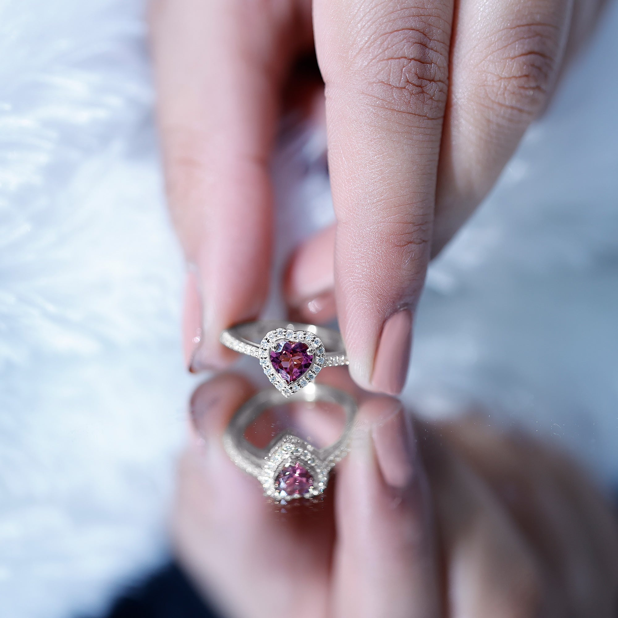 Heart Shape Pink Tourmaline Engagement Ring with Diamond Halo AAA - Rosec Jewels