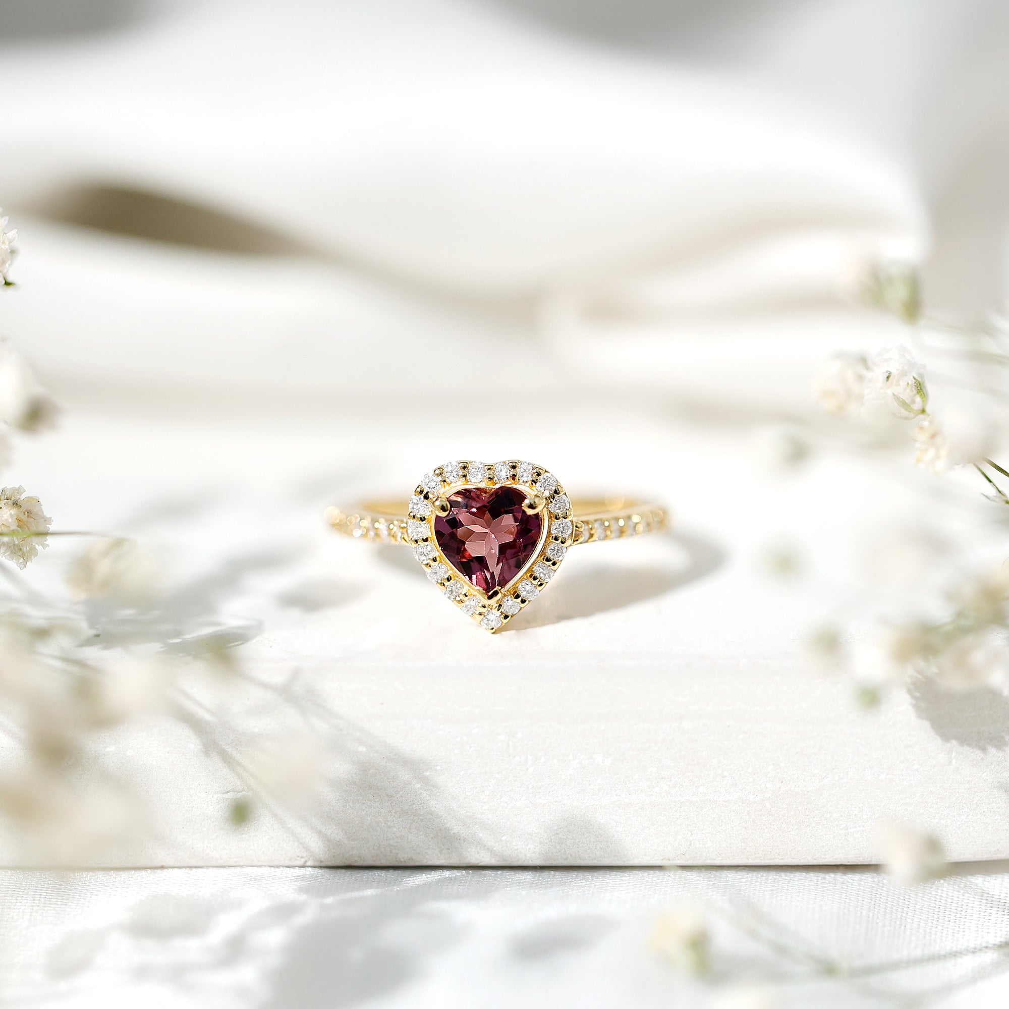 Heart Shape Pink Tourmaline Engagement Ring with Diamond Halo AAA - Rosec Jewels