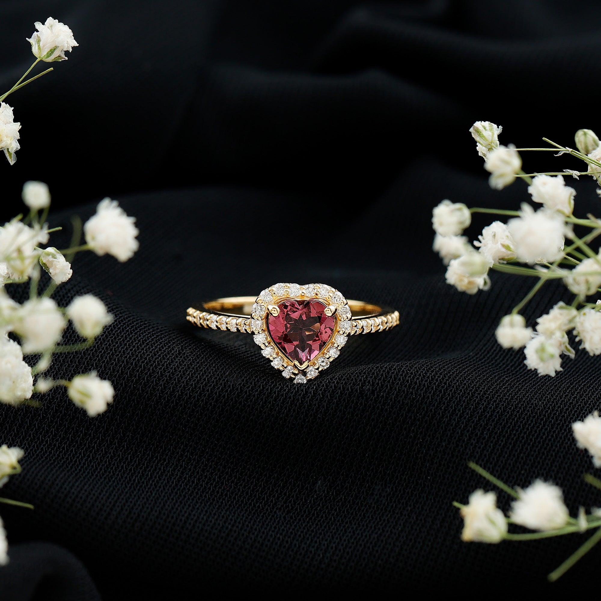 Heart Shape Pink Tourmaline Engagement Ring with Diamond Halo AAA - Rosec Jewels