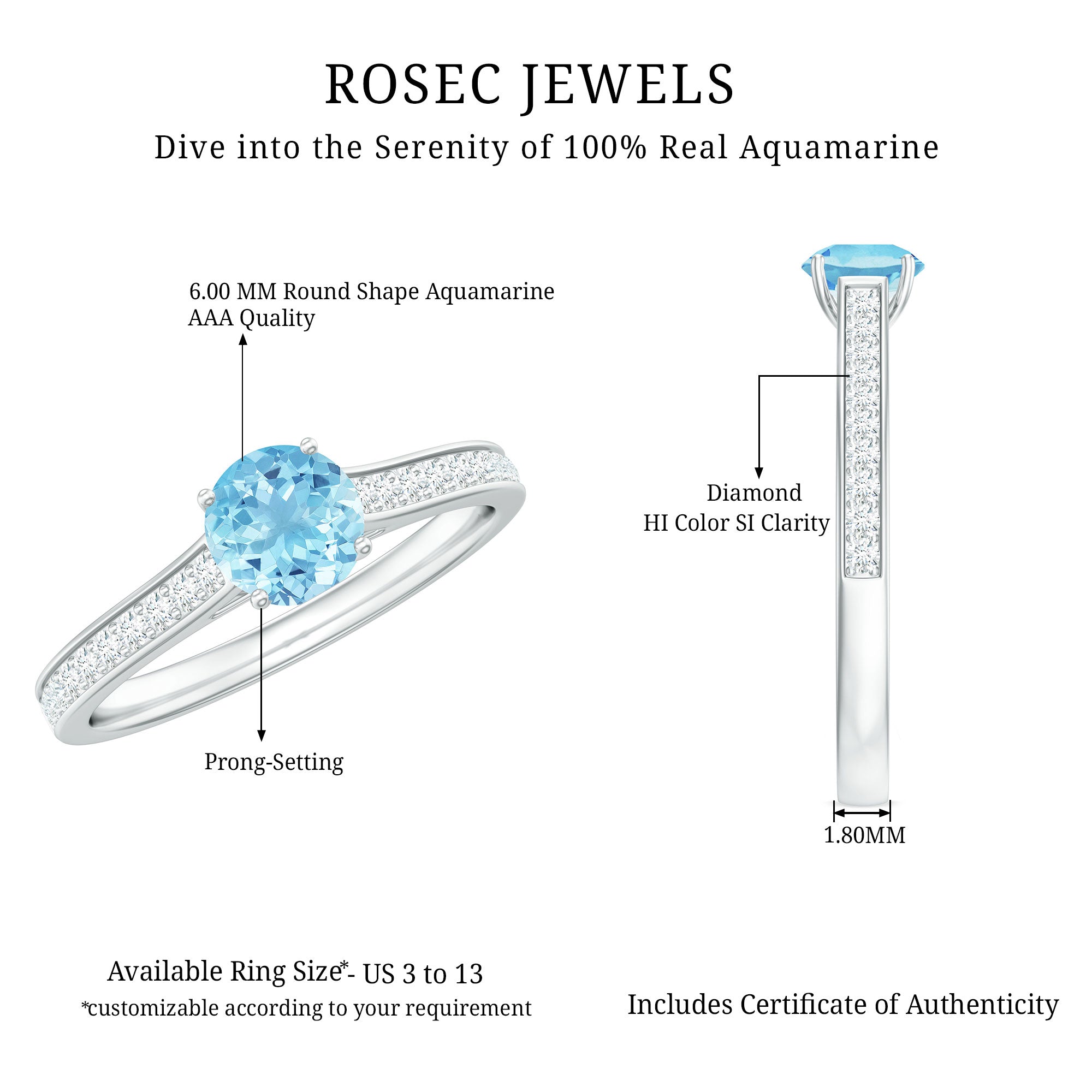 Certified Real Aquamarine Solitaire Ring with Diamond Side Stones AAA - Rosec Jewels