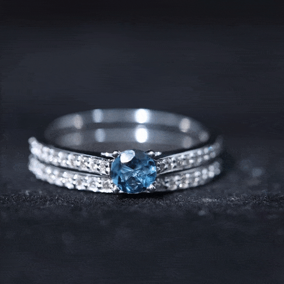 5mm London Blue Topaz Classic Engagement Ring with Diamond Wedding band AAA - Rosec Jewels