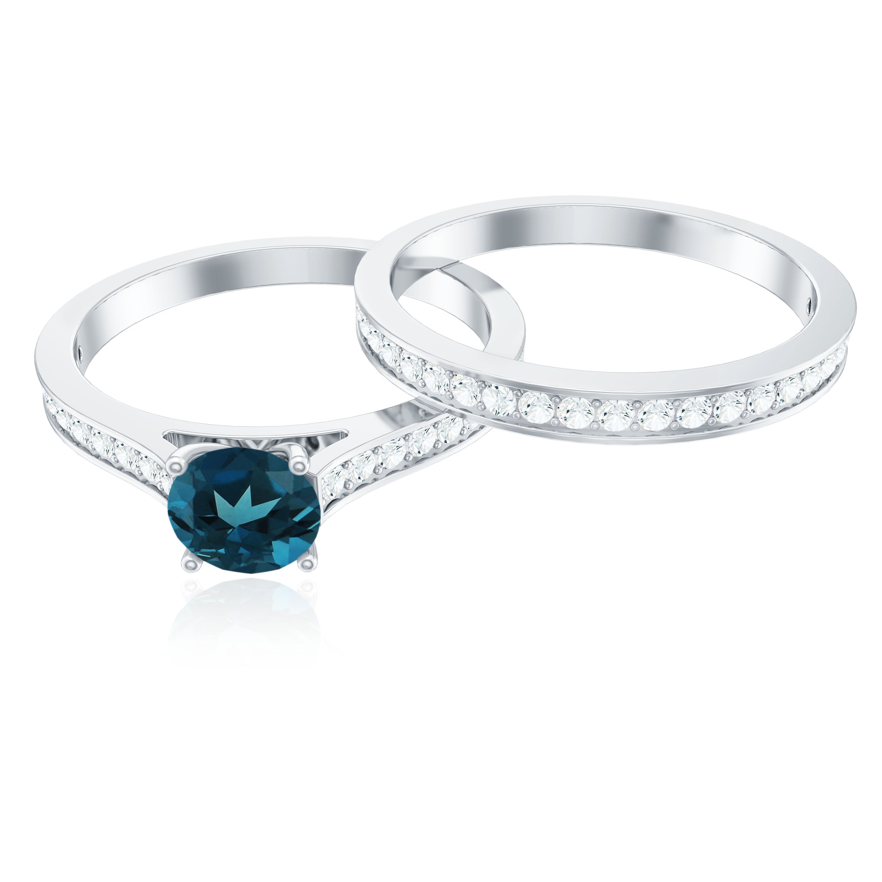 5mm London Blue Topaz Classic Engagement Ring with Diamond Wedding band AAA - Rosec Jewels