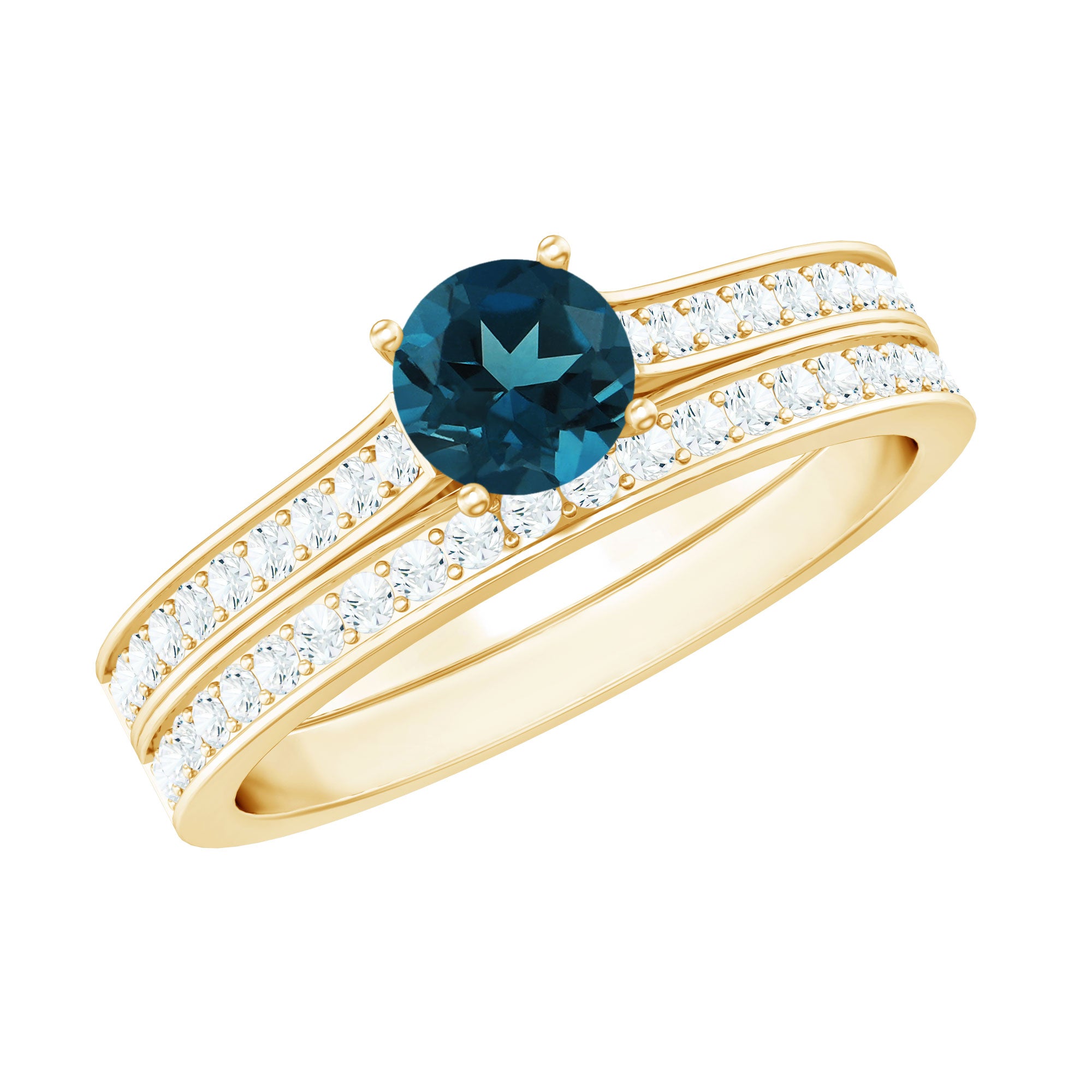 5mm London Blue Topaz Classic Engagement Ring with Diamond Wedding band AAA - Rosec Jewels