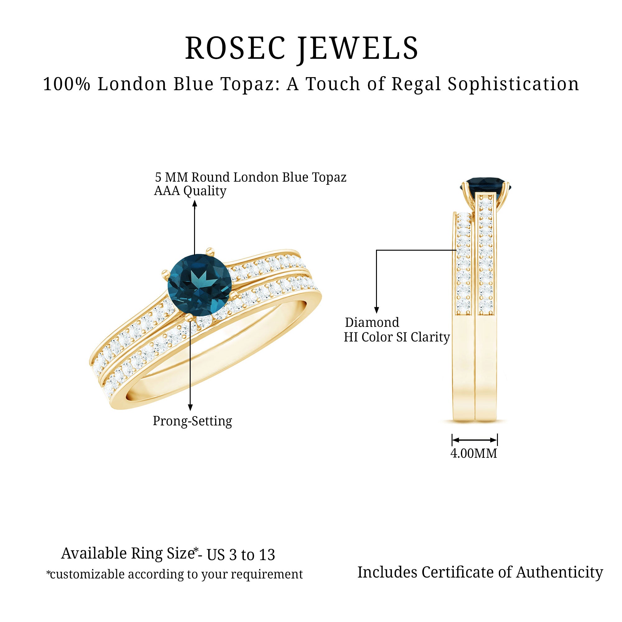 5mm London Blue Topaz Classic Engagement Ring with Diamond Wedding band AAA - Rosec Jewels