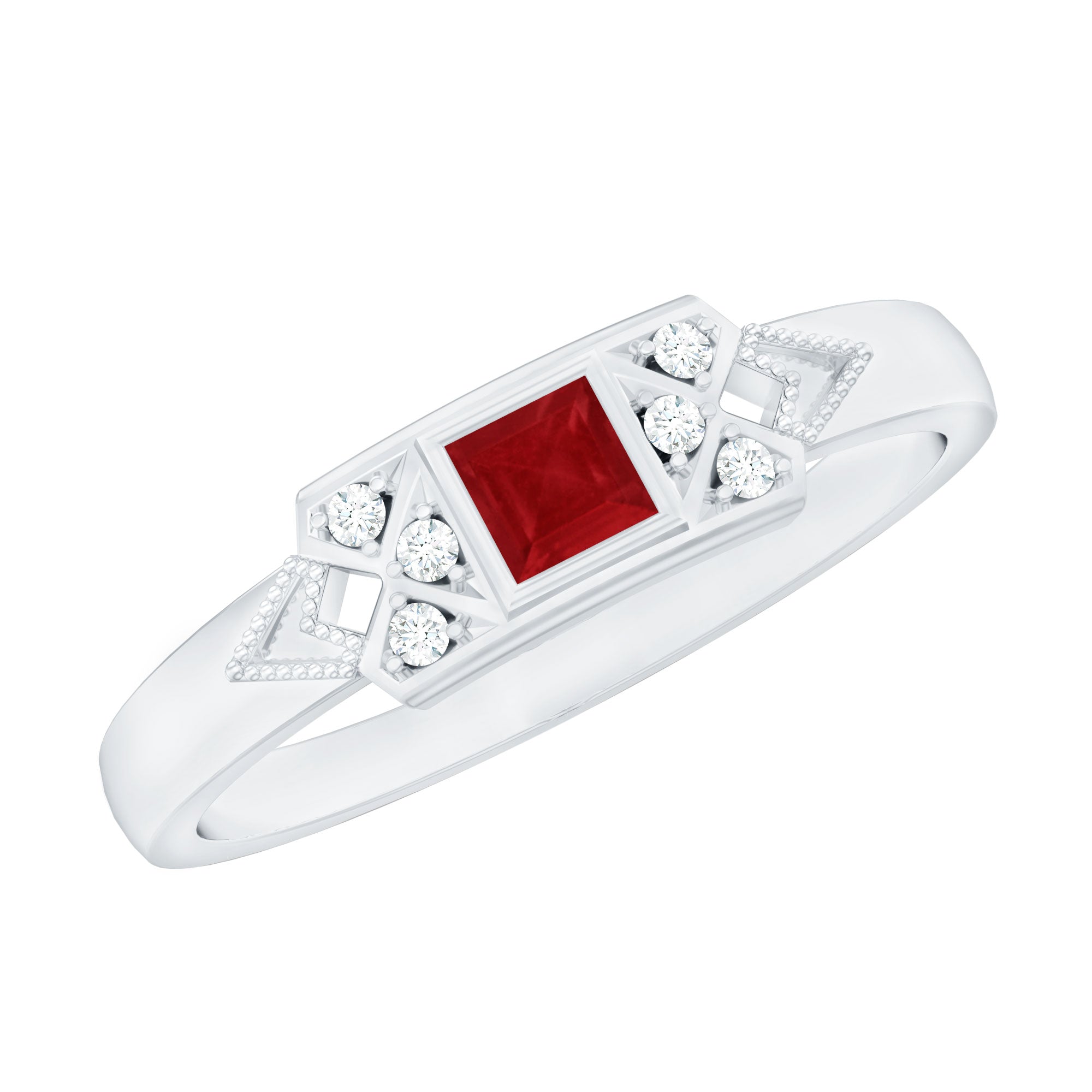 Art Deco Princess Cut Ruby Promise Ring with Diamond AAA - Rosec Jewels