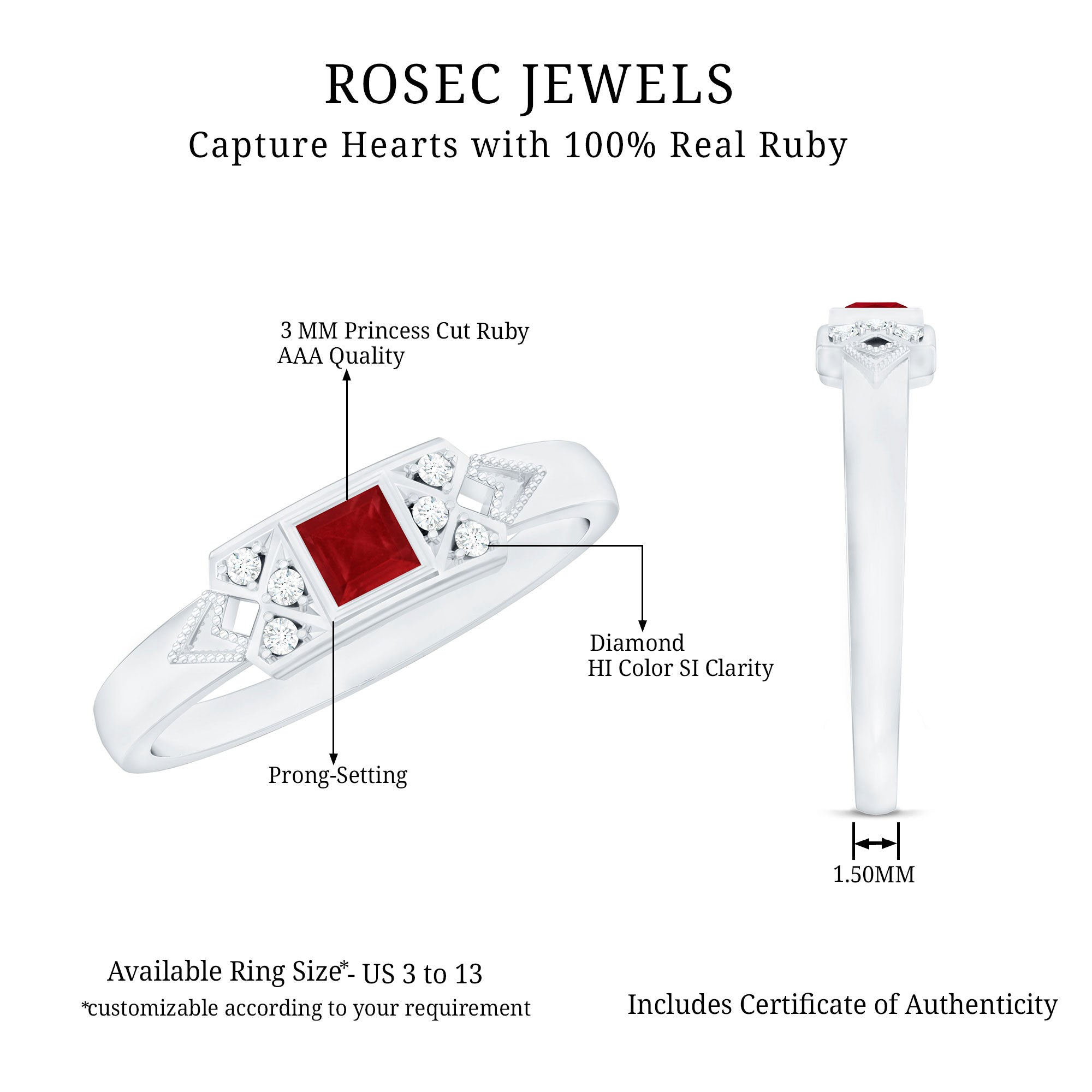Art Deco Princess Cut Ruby Promise Ring with Diamond AAA - Rosec Jewels