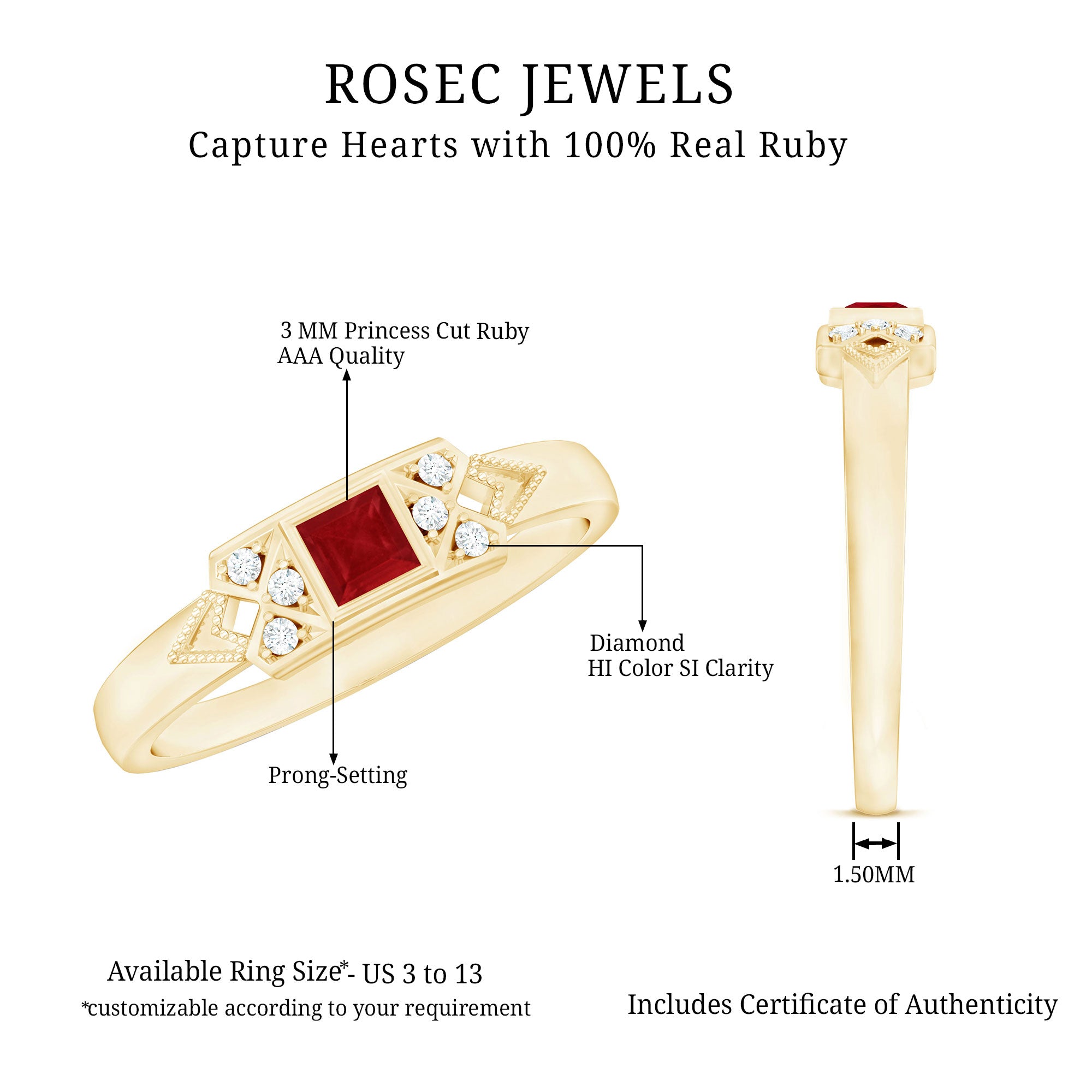 Art Deco Princess Cut Ruby Promise Ring with Diamond AAA - Rosec Jewels