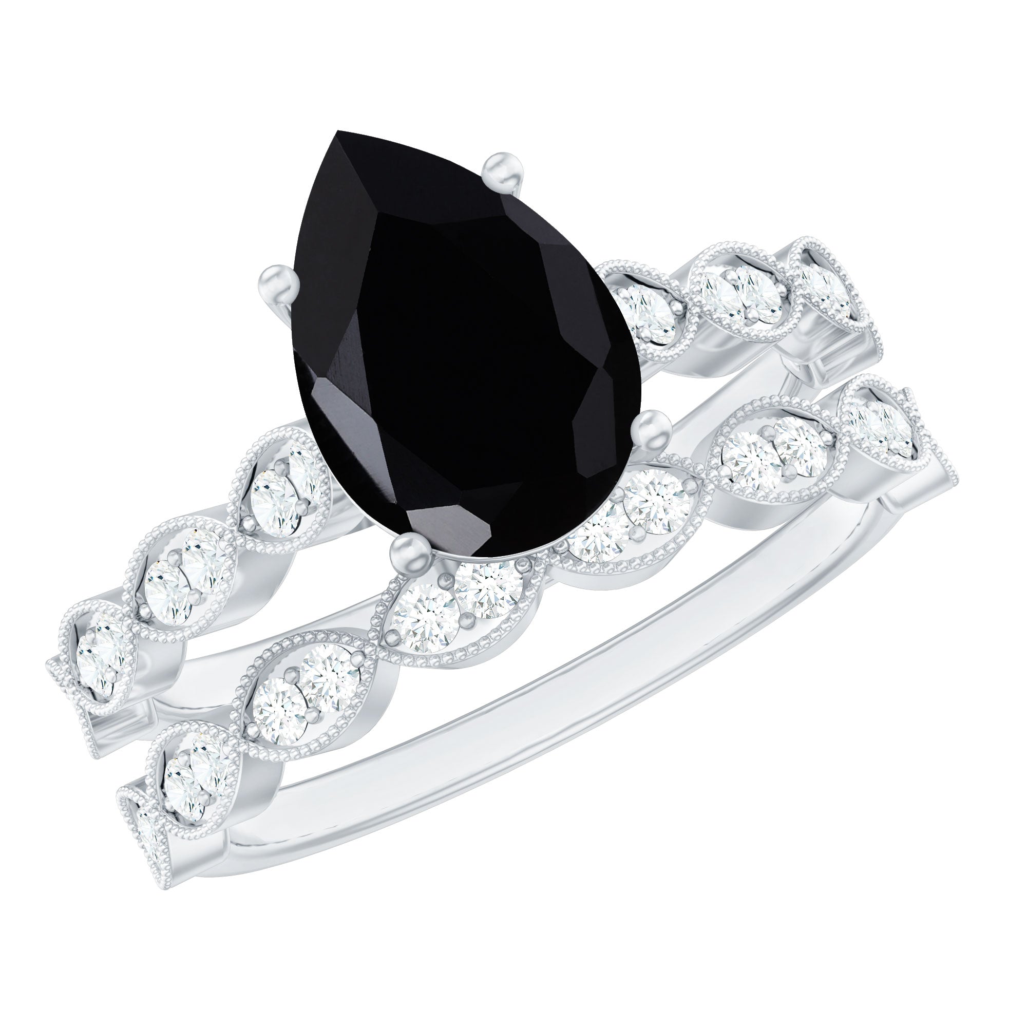 Lab Grown Black Diamond Teardrop Engagement Ring with Moissanite Wedding Band