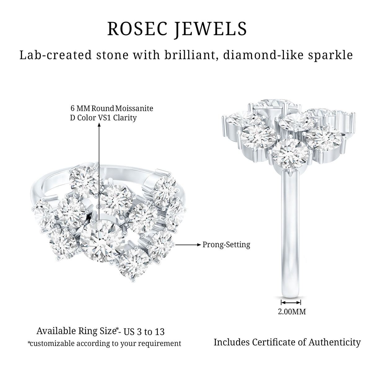 Certified Round Moissanite Cluster Engagement Ring for Women D-VS1 - Rosec Jewels