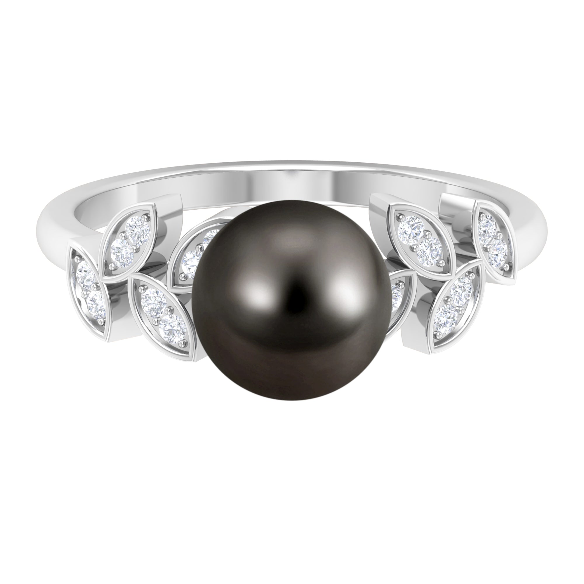Tahitian Black Pearl and Diamond Leaf Minimal Engagement Ring AAA - Rosec Jewels