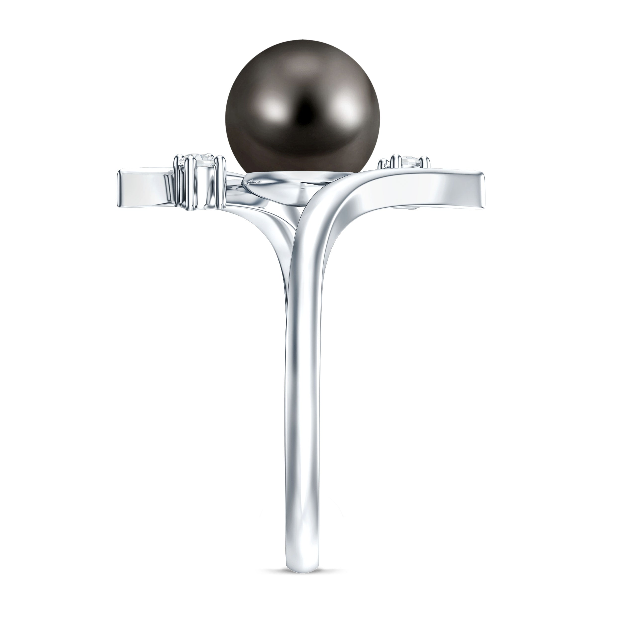 Tahitian Black Pearl Bypass Engagement Ring with Diamond AAA - Rosec Jewels