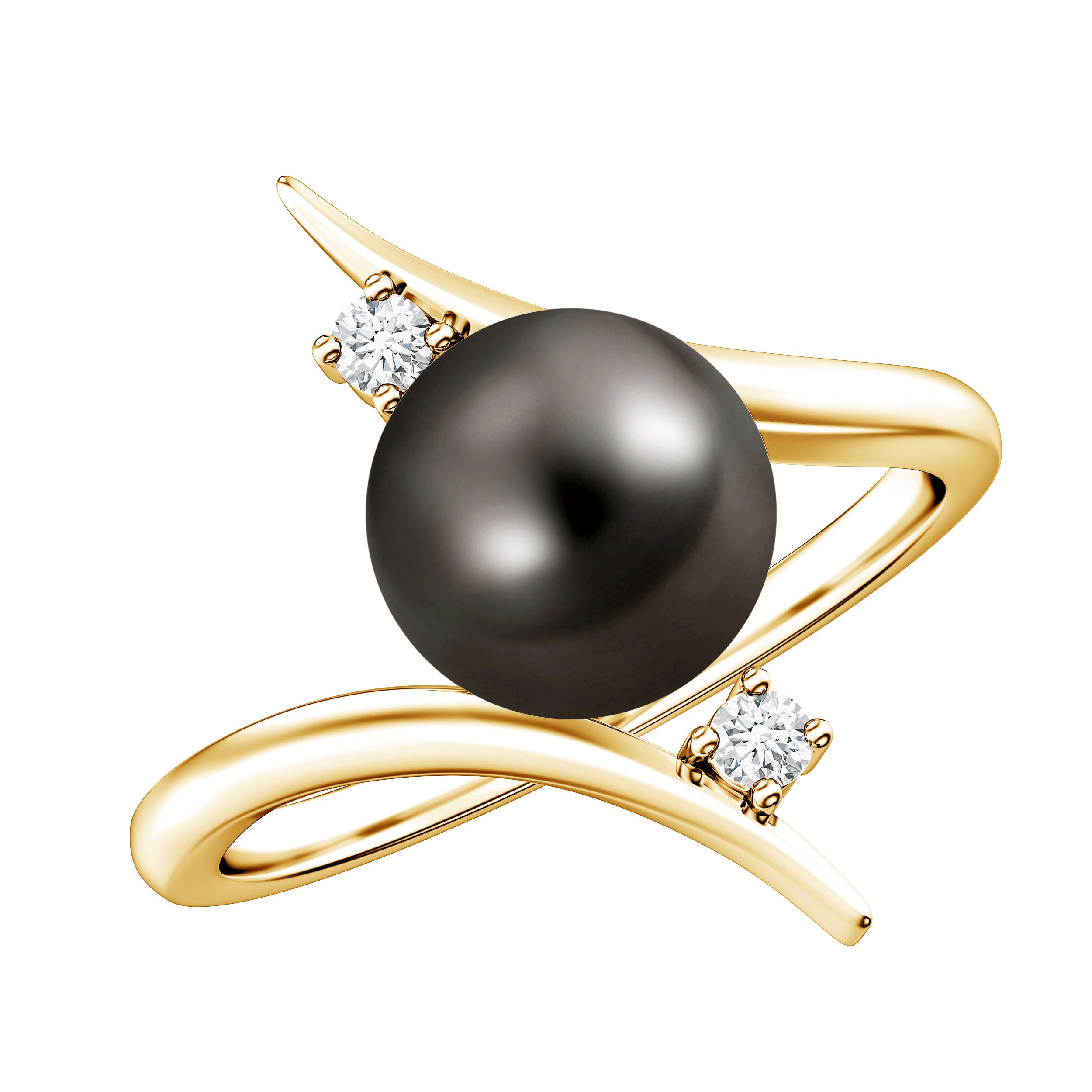 Tahitian Black Pearl Bypass Engagement Ring with Diamond AAA - Rosec Jewels