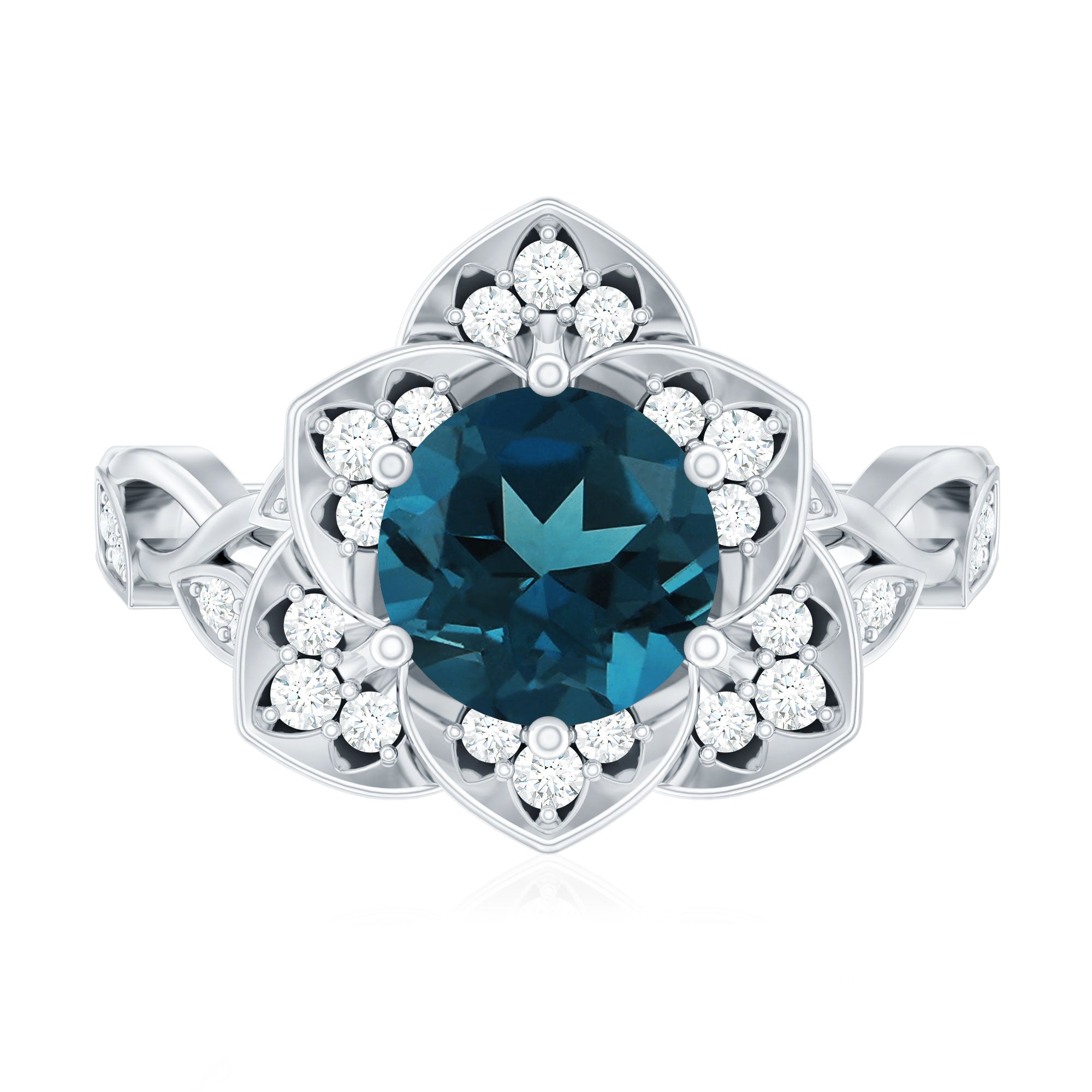 London Blue Topaz and Diamond Cocktail Flower Engagement Ring AAA - Rosec Jewels