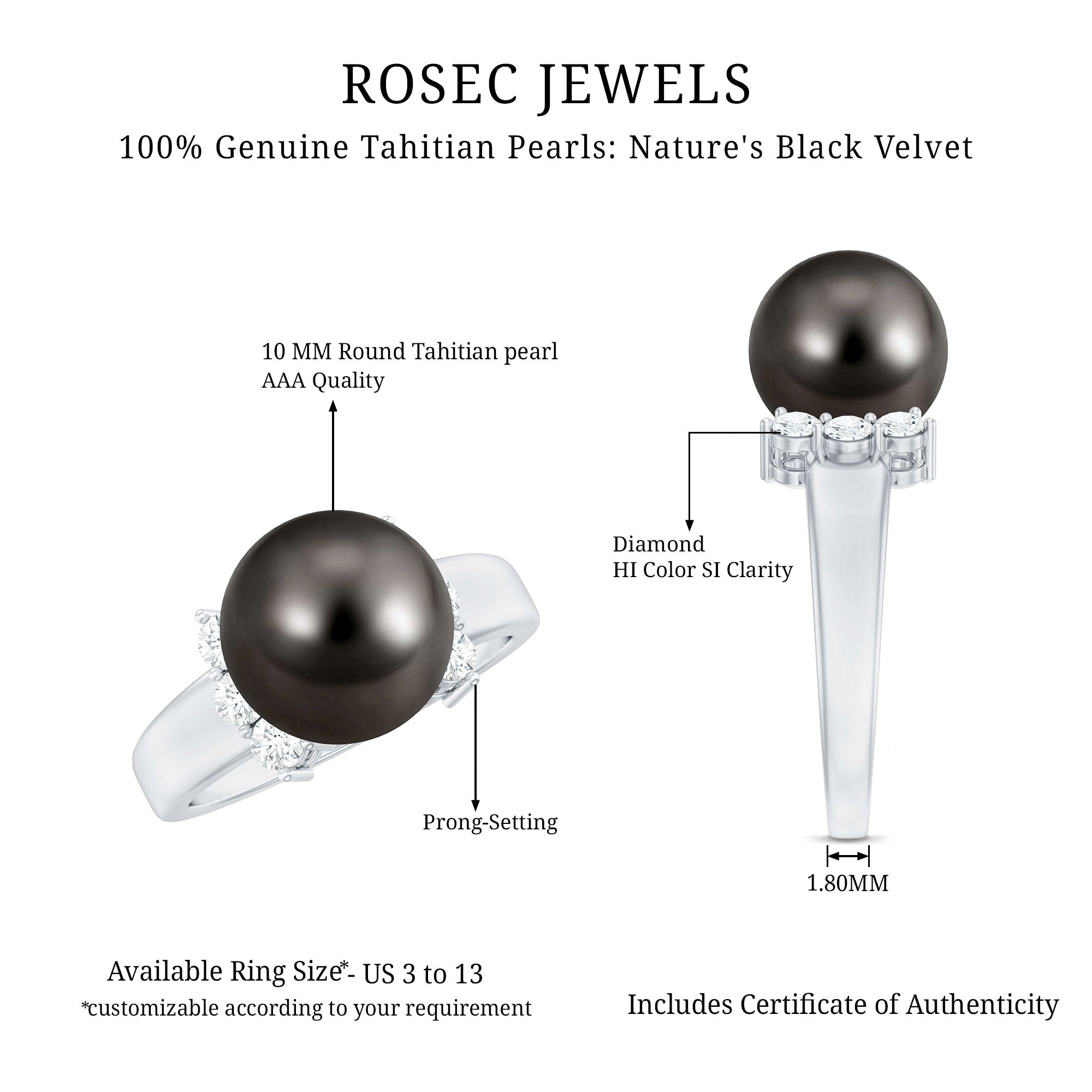 7.50 Carat Real Tahitian Black Pearl Solitaire Engagement Ring AAA - Rosec Jewels