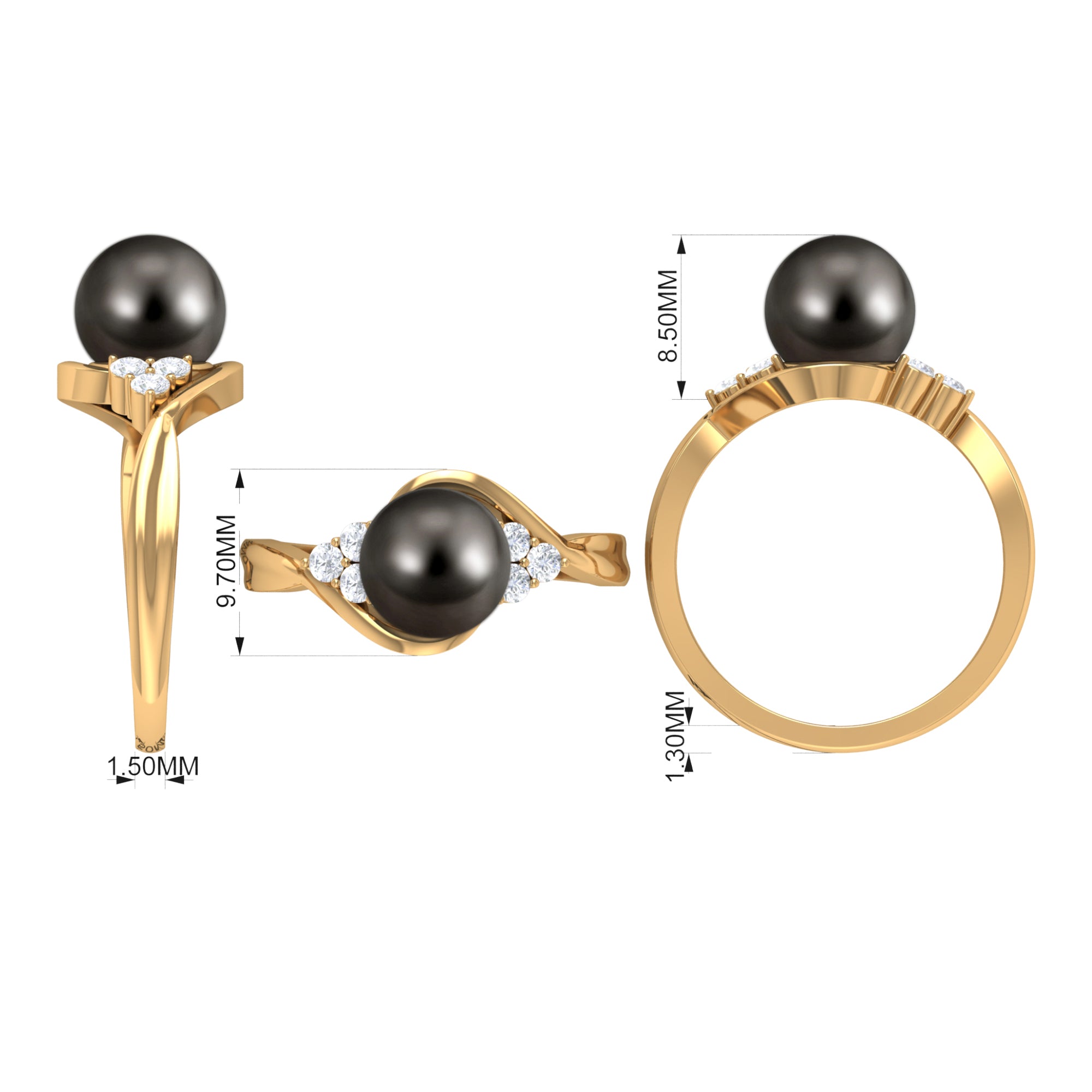 Bypass Tahitian Pearl Engagement Ring with Diamond Trio AAA - Rosec Jewels