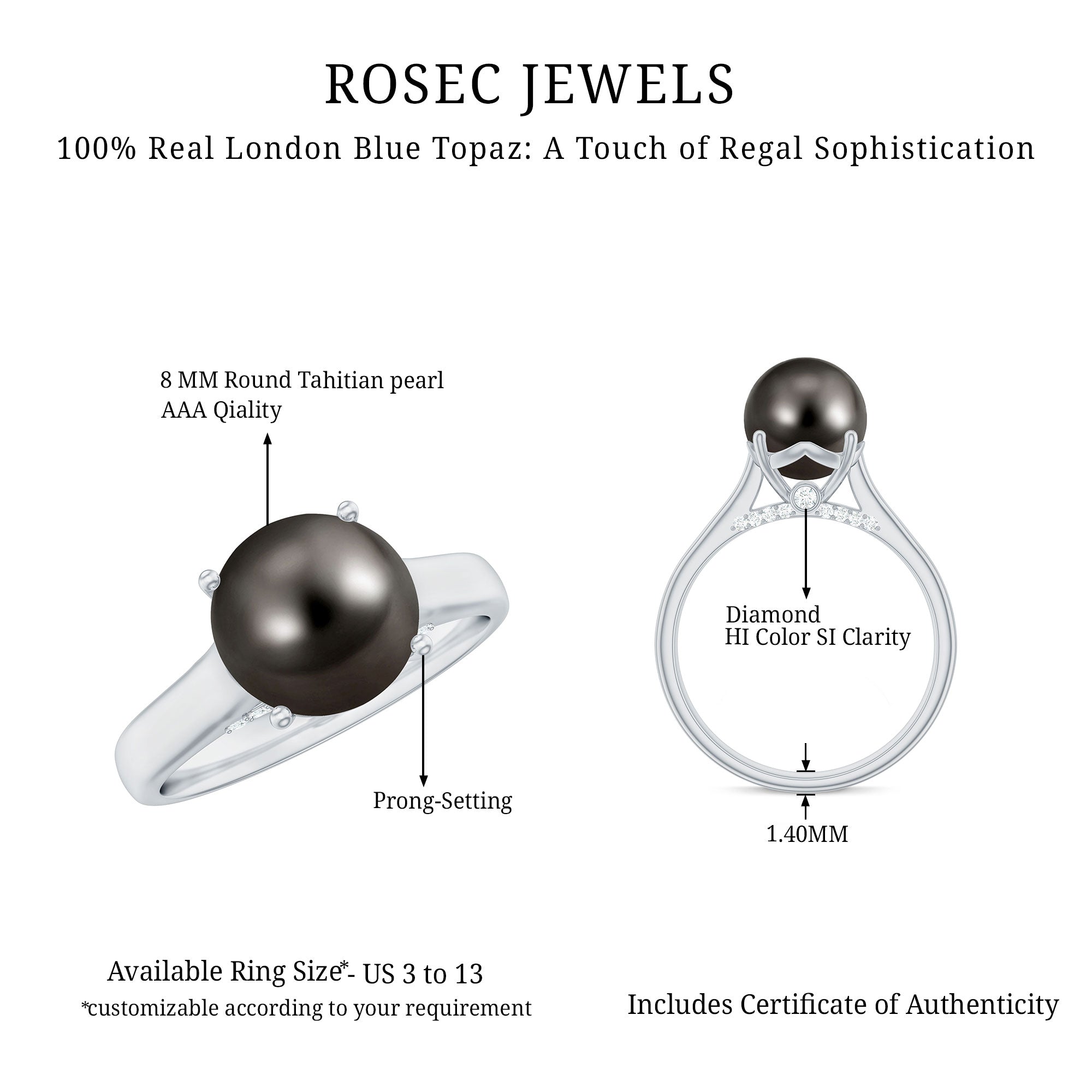 7.75 CT Classic Tahitian Pearl Solitaire Ring with Surprise Diamond AAA - Rosec Jewels