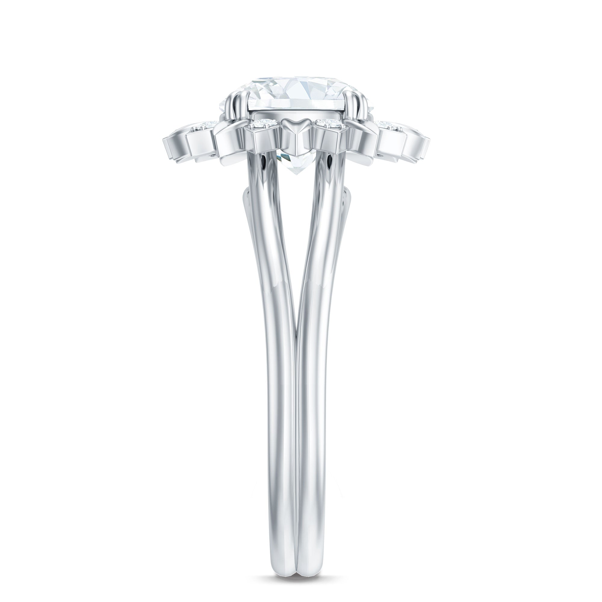Round Cut Solitaire Zircon Gold Flower Engagement Ring in Split Shank AAAA - Rosec Jewels