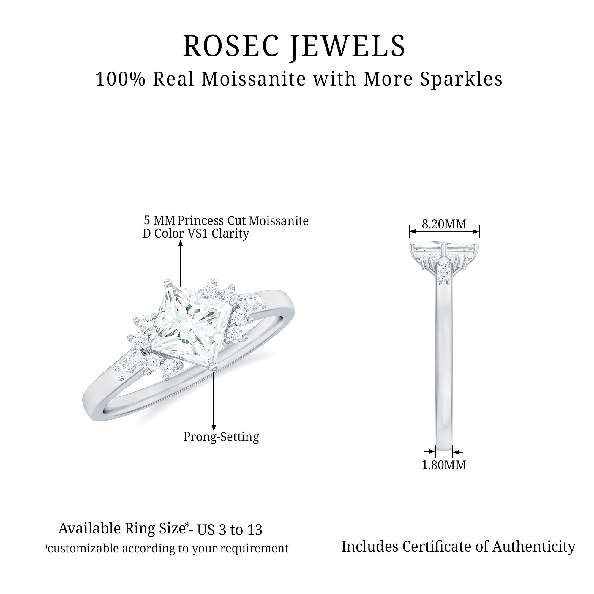 Certified Moissanite Princess Cut Engagement Ring in Prong Setting D-VS1 - Rosec Jewels
