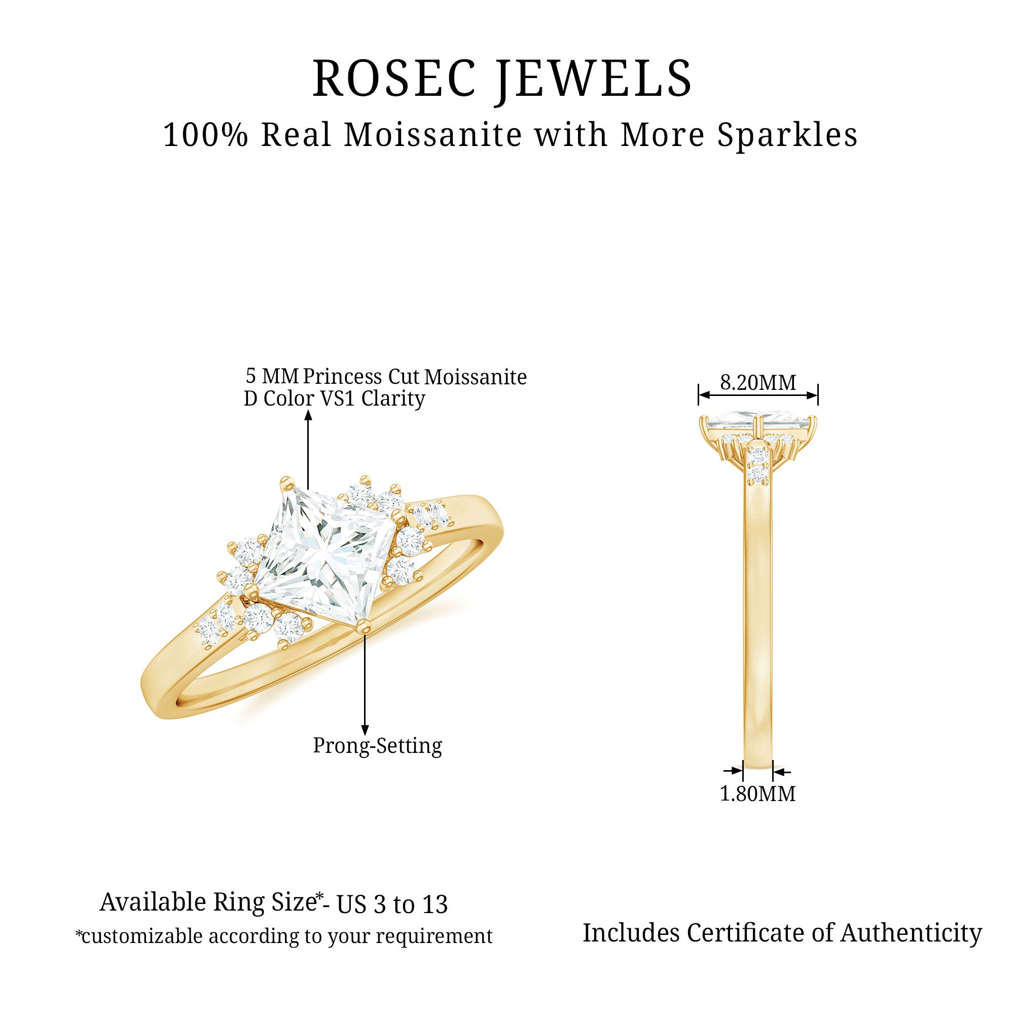 Certified Moissanite Princess Cut Engagement Ring in Prong Setting D-VS1 - Rosec Jewels