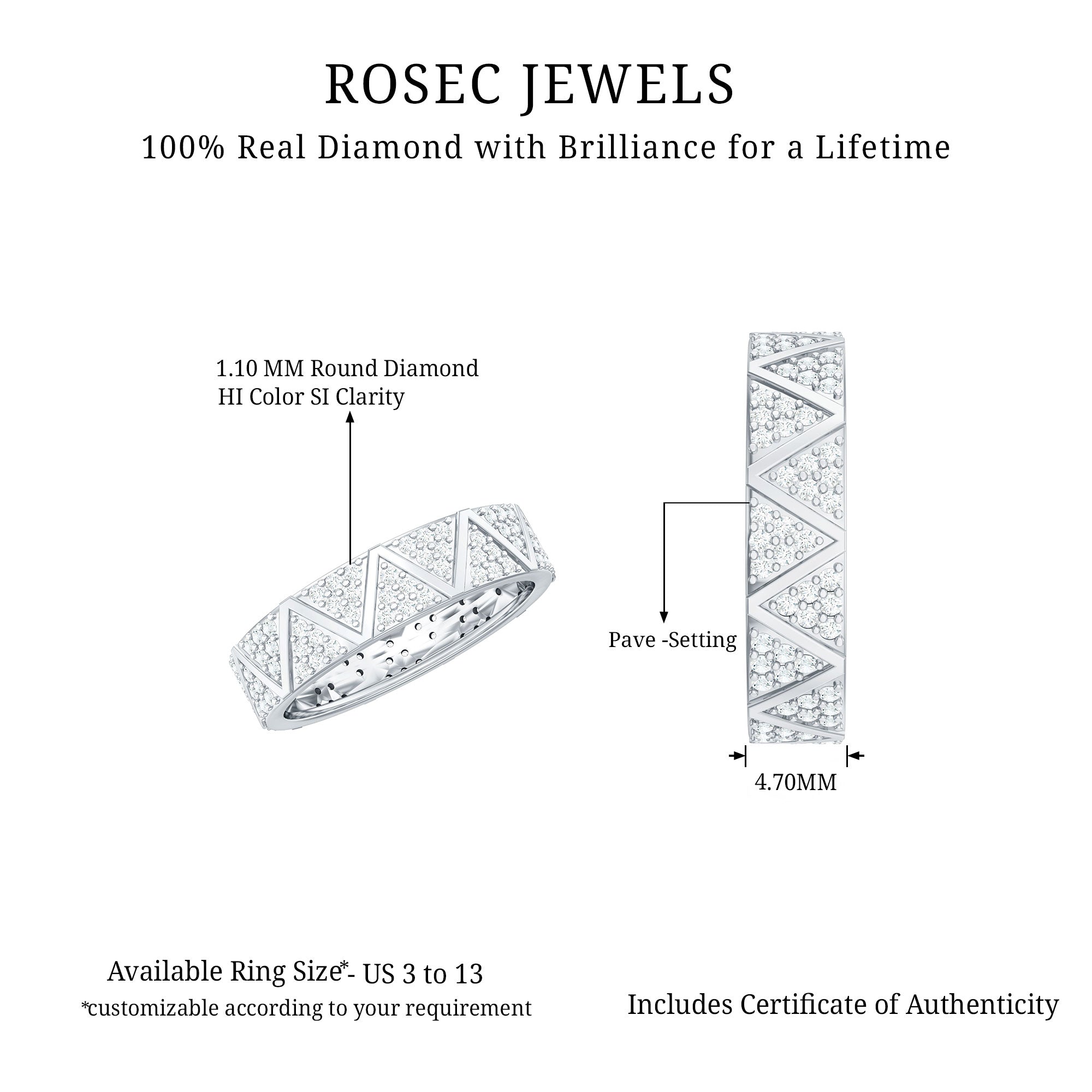 Natural Diamond Wide Wedding Band for Women Natural - ( HI-SI ) - Rosec Jewels