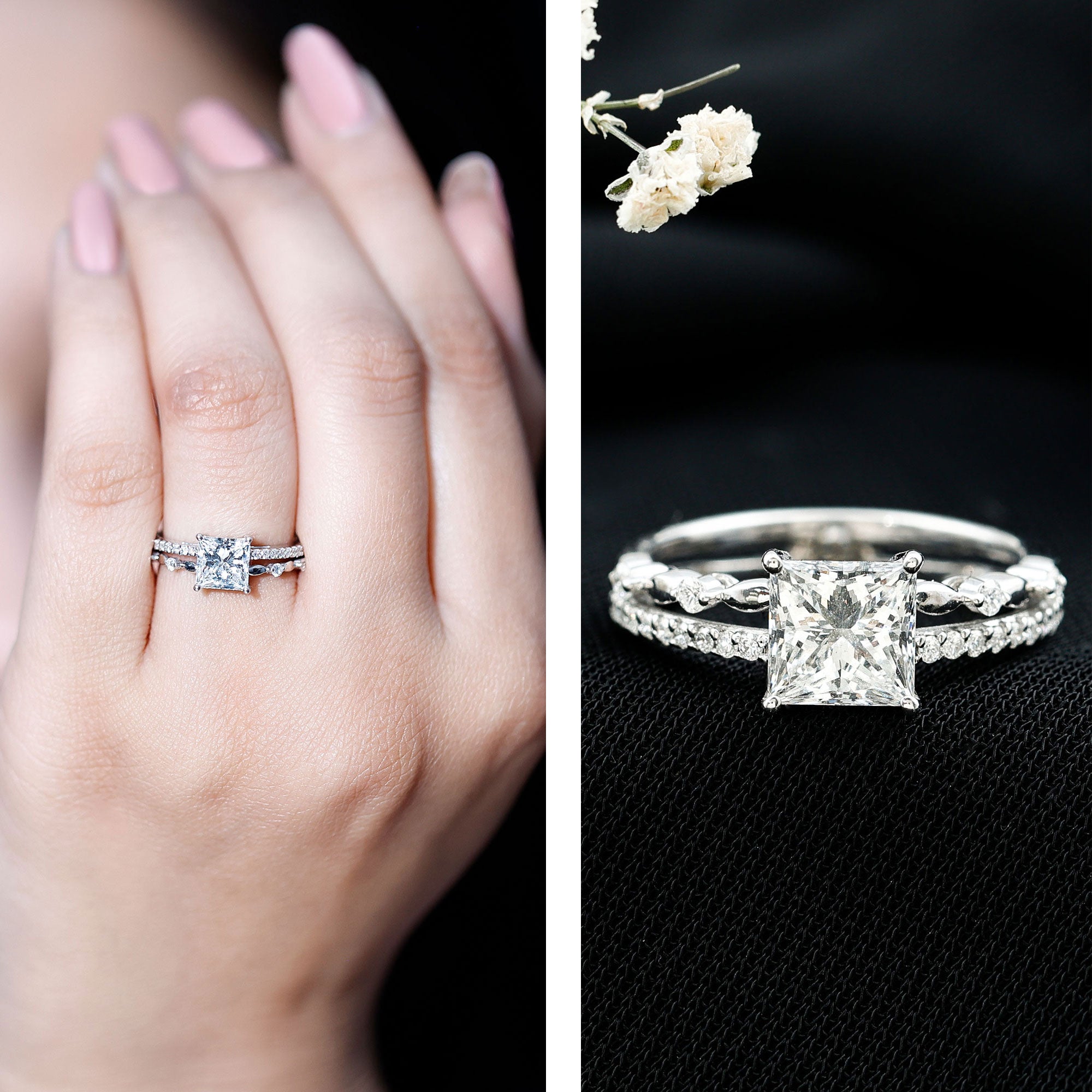 Rosec Jewels-Moissanite Square Cut Engagement Ring With Certificate