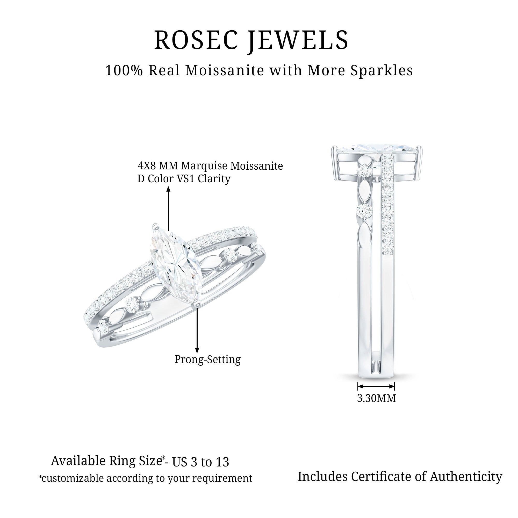 Certified Brilliant Cut Moissanite Marquise Cut Engagement Ring D-VS1 - Rosec Jewels