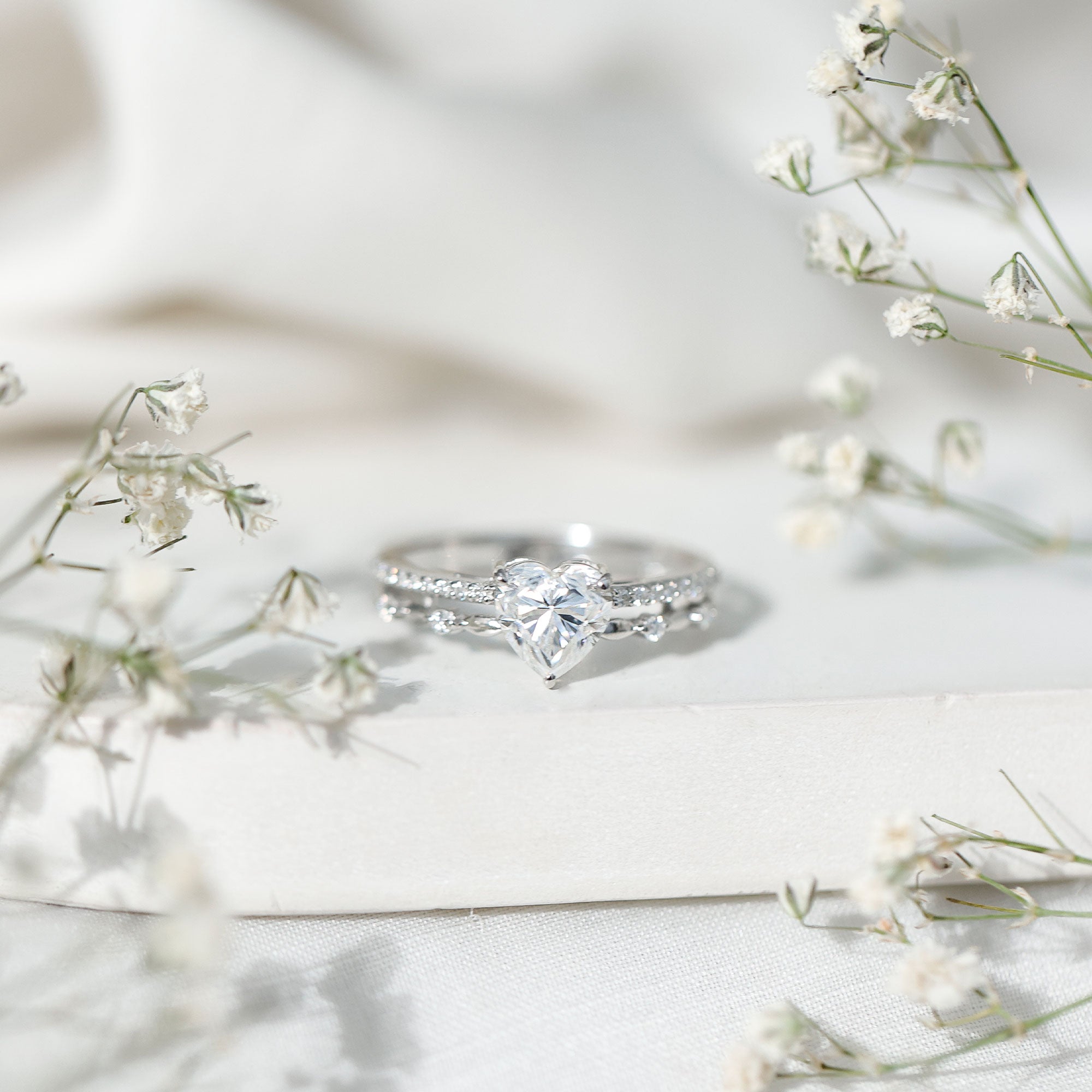 7 mm Heart Moissanite Solitaire Double Band Ring Set D-VS1 - Rosec Jewels