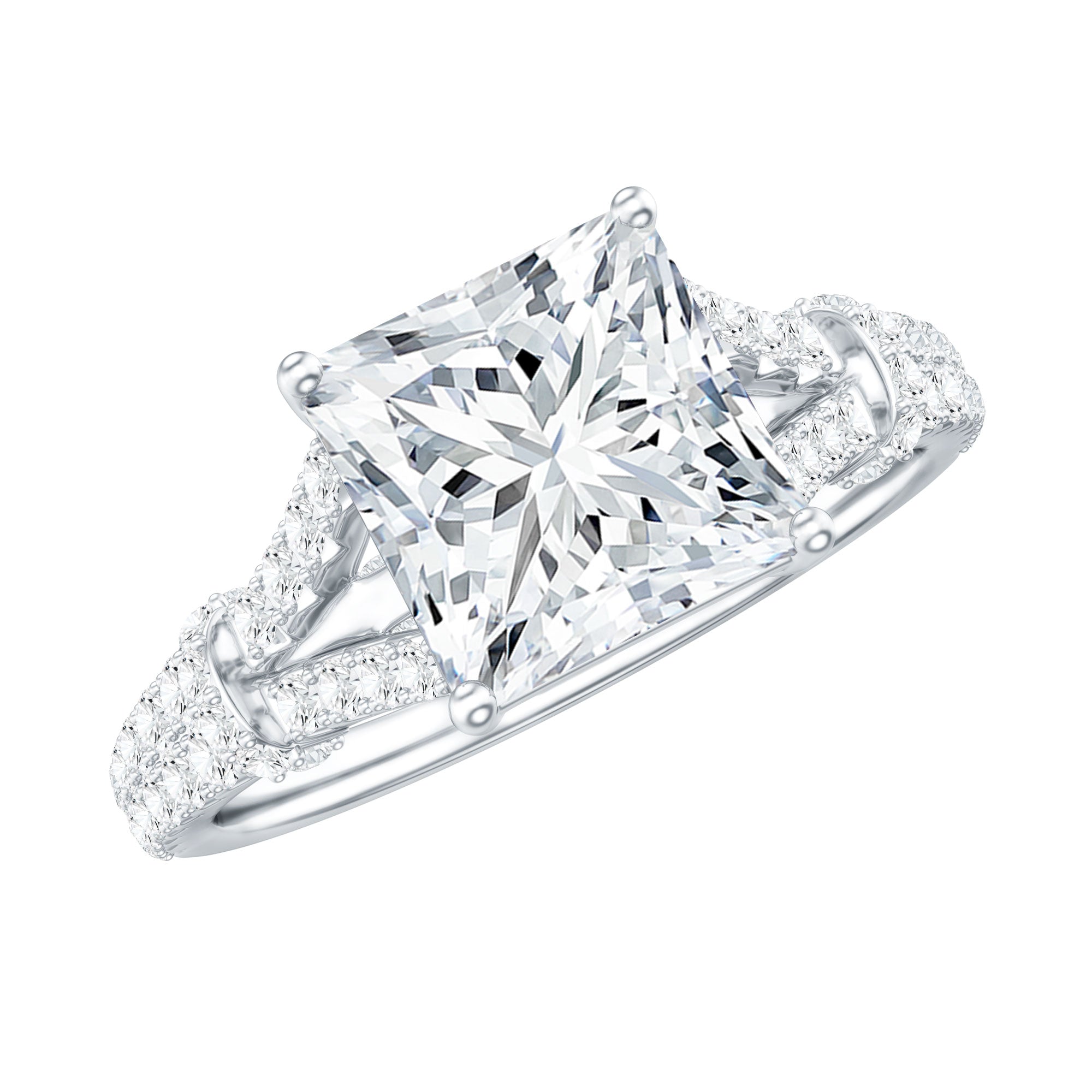 Princess Cut Moissanite Solitaire Engagement Ring in Split Shank