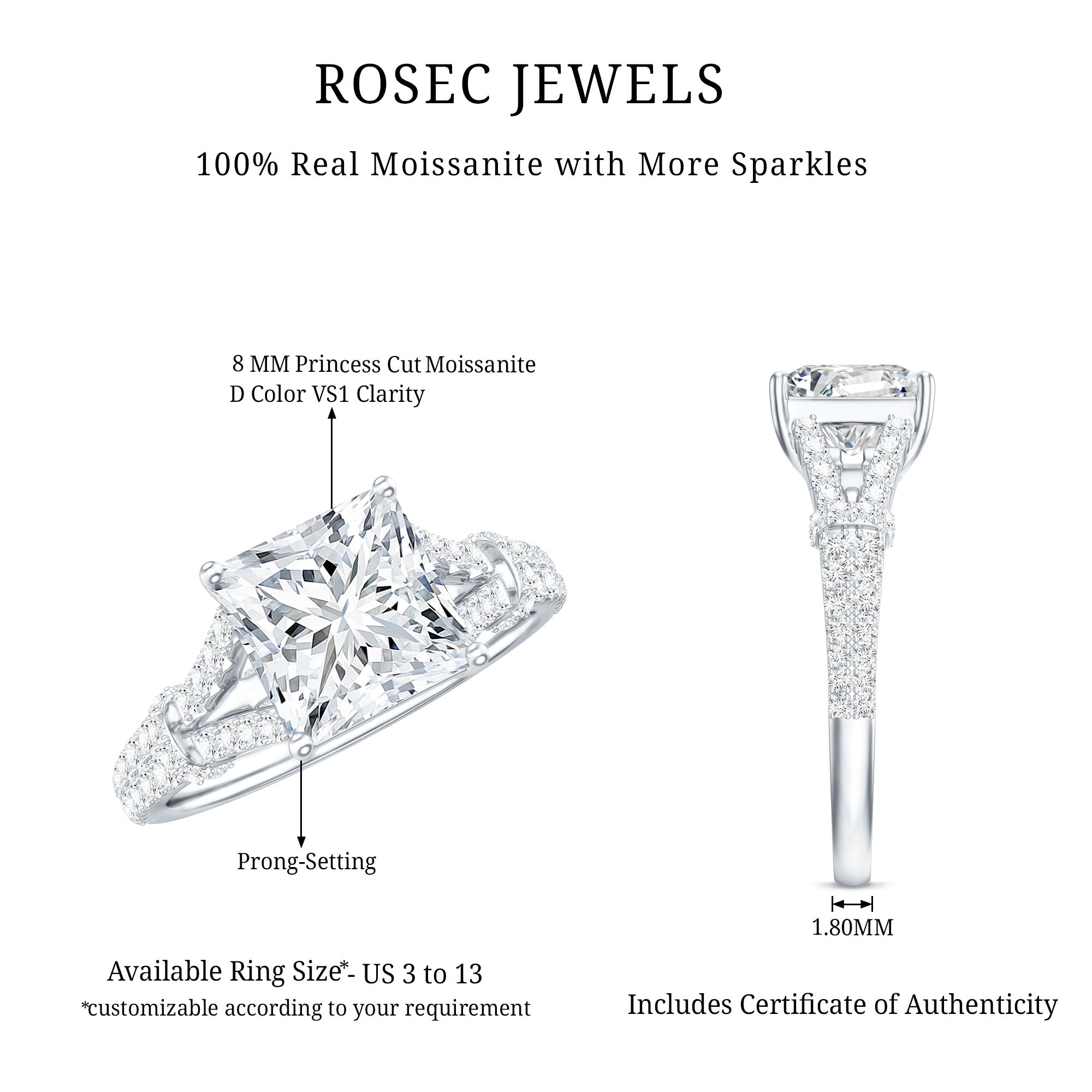 3 Carat Princess Cut Moissanite Solitaire Engagement Ring in Split Shank D-VS1 - Rosec Jewels