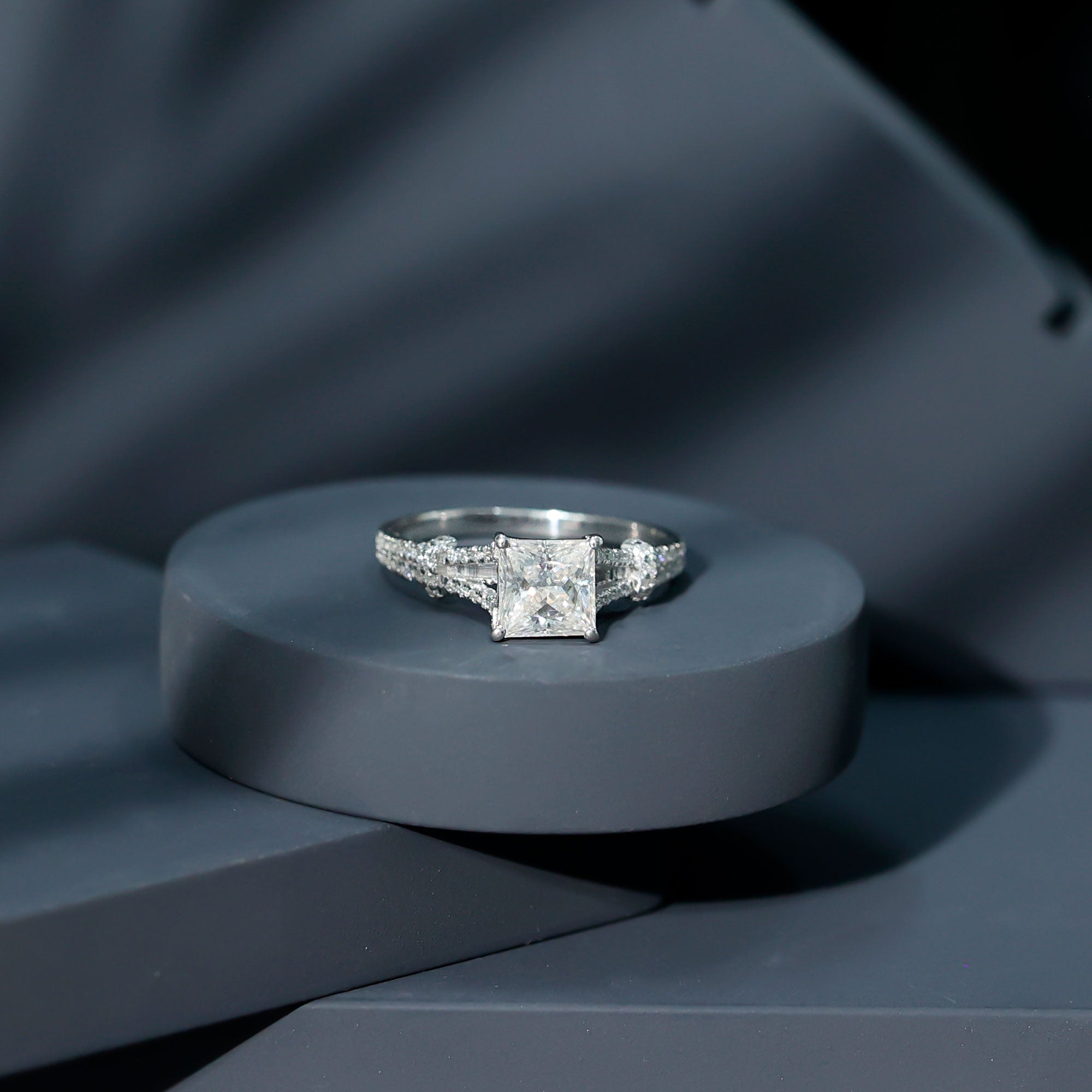 Rosec Jewels-Certified Princess Cut 3 Carat Moissanite Split Shank Engagement Ring in Silver
