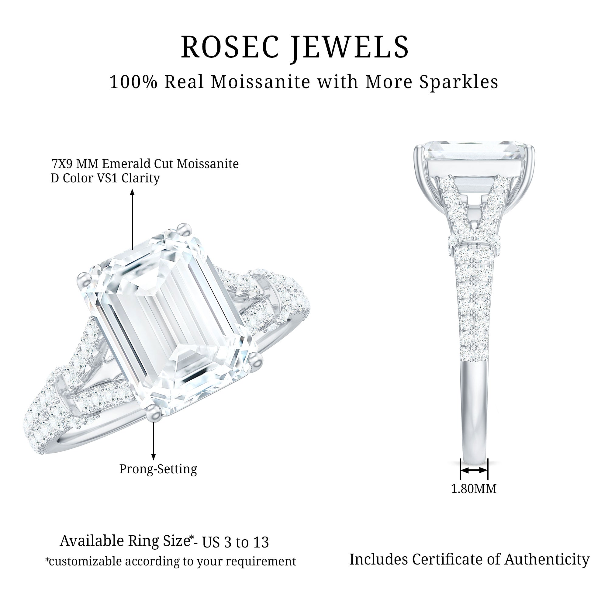 7x9 MM Emerald Cut Moissanite Split Shank Engagement Ring for Women D-VS1 - Rosec Jewels