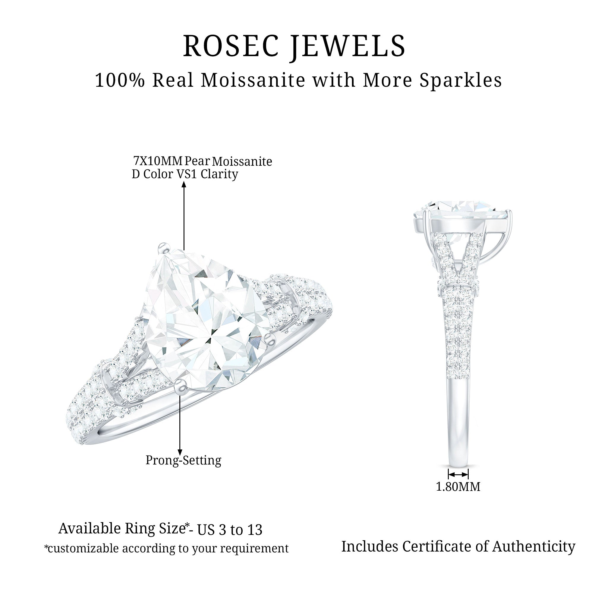 Rosec Jewels-Pear Shaped Moissanite Solitaire Engagement Ring in Split Shank